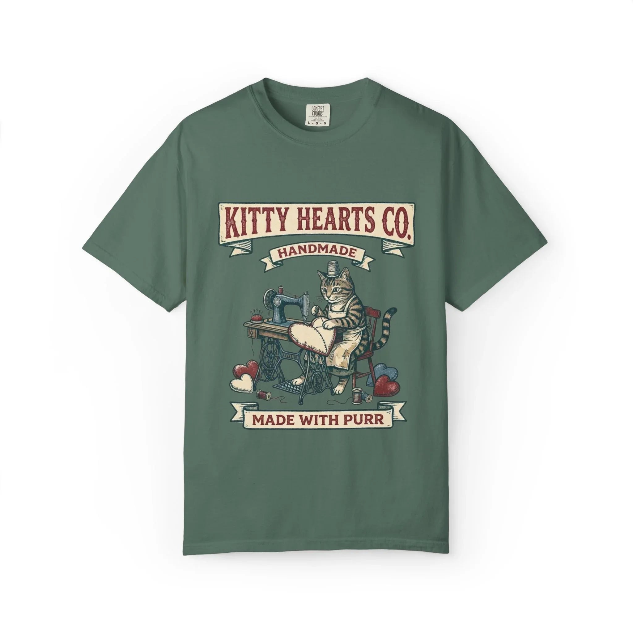 Kitty Hearts Co T-Shirt | Vintage Sewing Cat Made With Purr Graphic Tee | Retro Craft Cat Lover Gift Shirt Blue Spruce