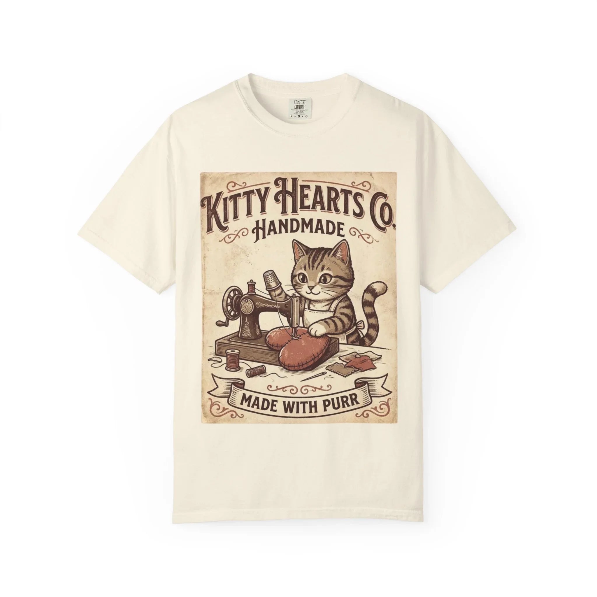 Kitty Hearts Co T-Shirt | Vintage Handmade Cat Sewing Made With Purr Graphic Tee Ivory
