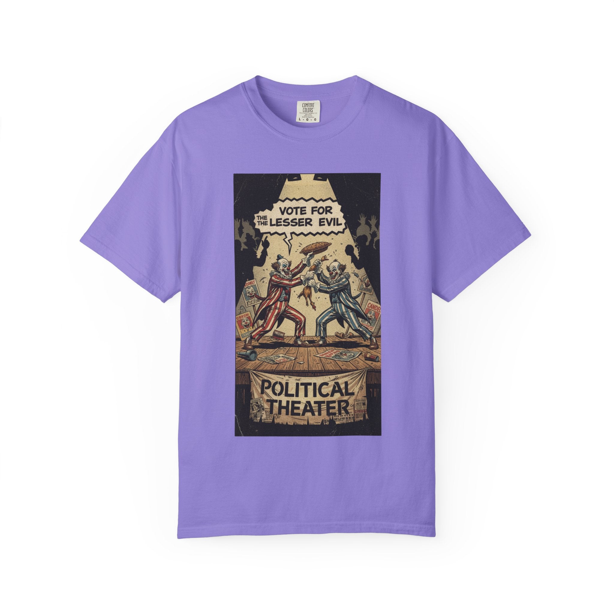 Political Theater Vintage Shirt | Vote For The Lesser Evil Satirical Tee | Retro Comic Style Political Gift | Unisex Garment-Dyed T-Shirt Violet