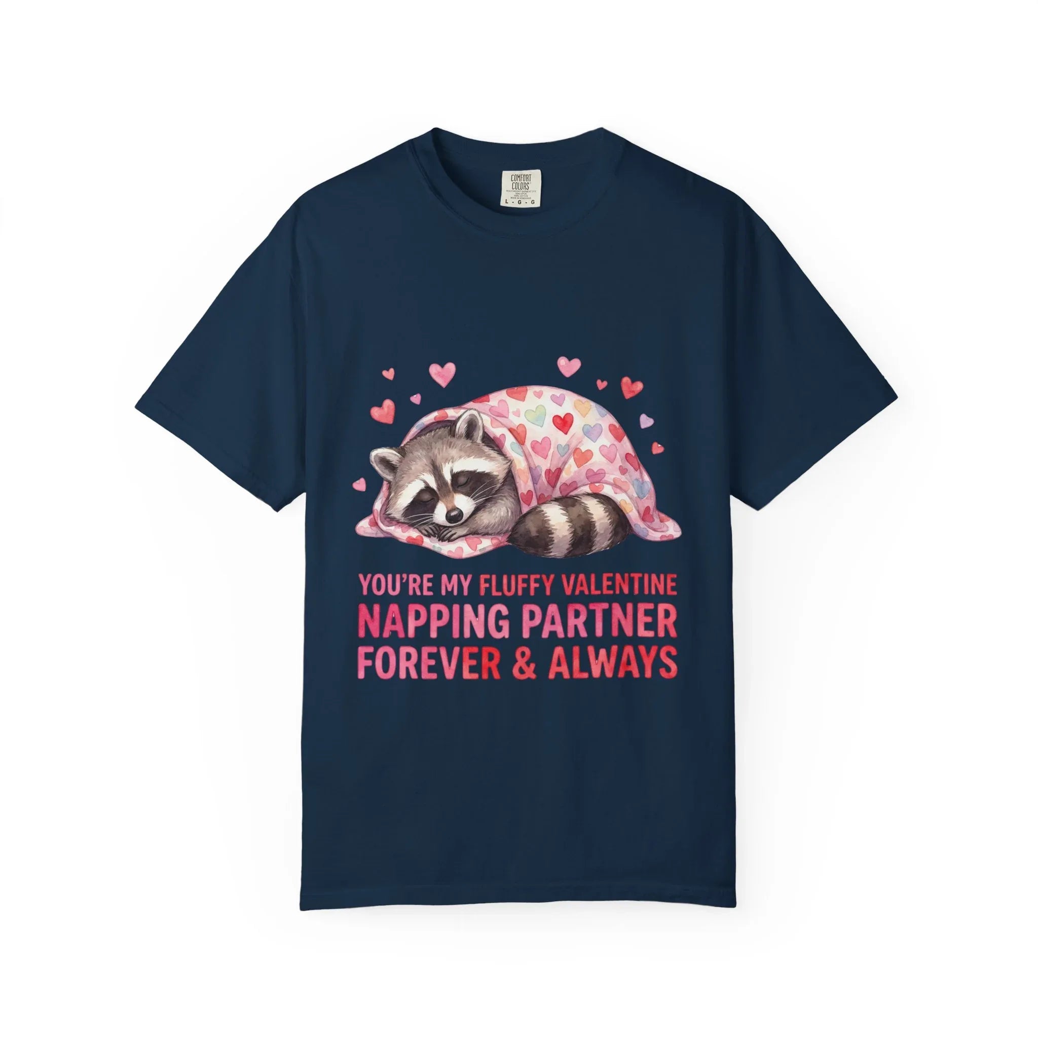 Sleeping Raccoon Valentine T Shirt Fluffy Napping Partner Forever Watercolor Cozy Vintage Aesthetic Gift Animal Lovers Soft Cotton Romantic True Navy