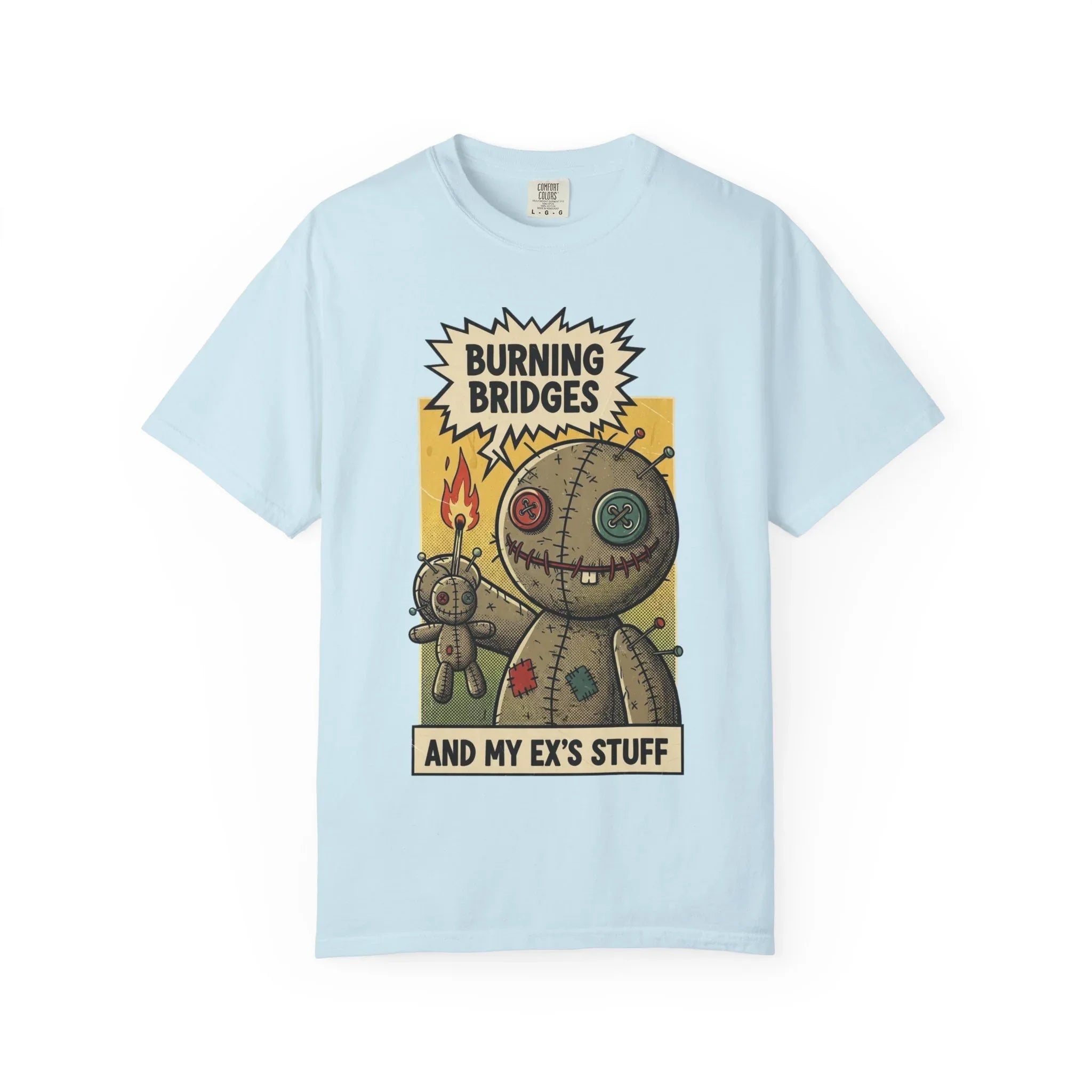 Burning Bridges Funny Breakup Shirt - Vintage Voodoo Doll Graphic Tee - Sarcastic Ex-Relationship T-Shirt - Retro Comic Dark Humor Gift - Mid-Century Aesthetic Streetwear Chambray