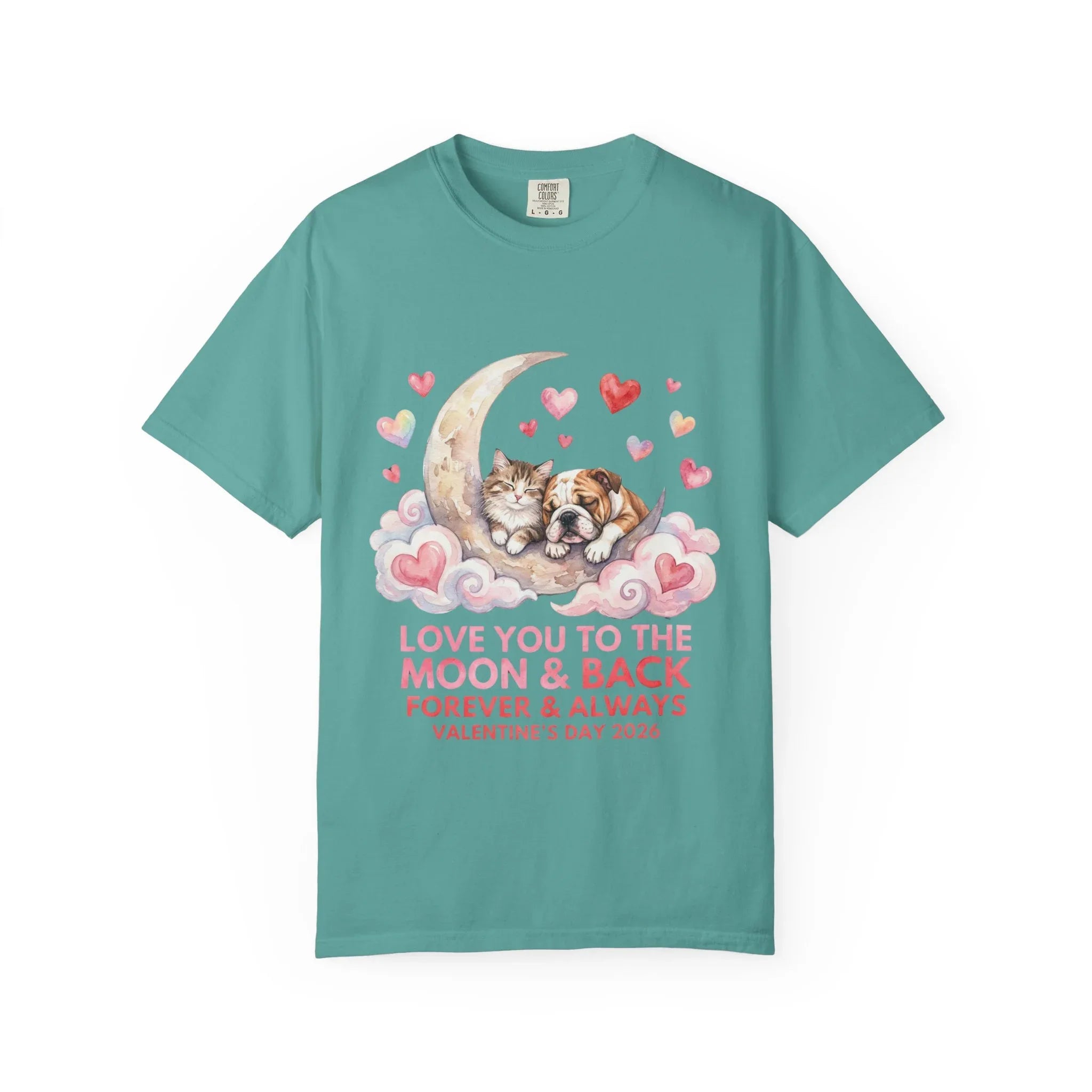 Love You to the Moon and Back Cats T Shirt Cute Kittens Crescent Moon Hearts Watercolor Cozy Vintage Aesthetic Gift Cat Lovers Valentine Tee Seafoam