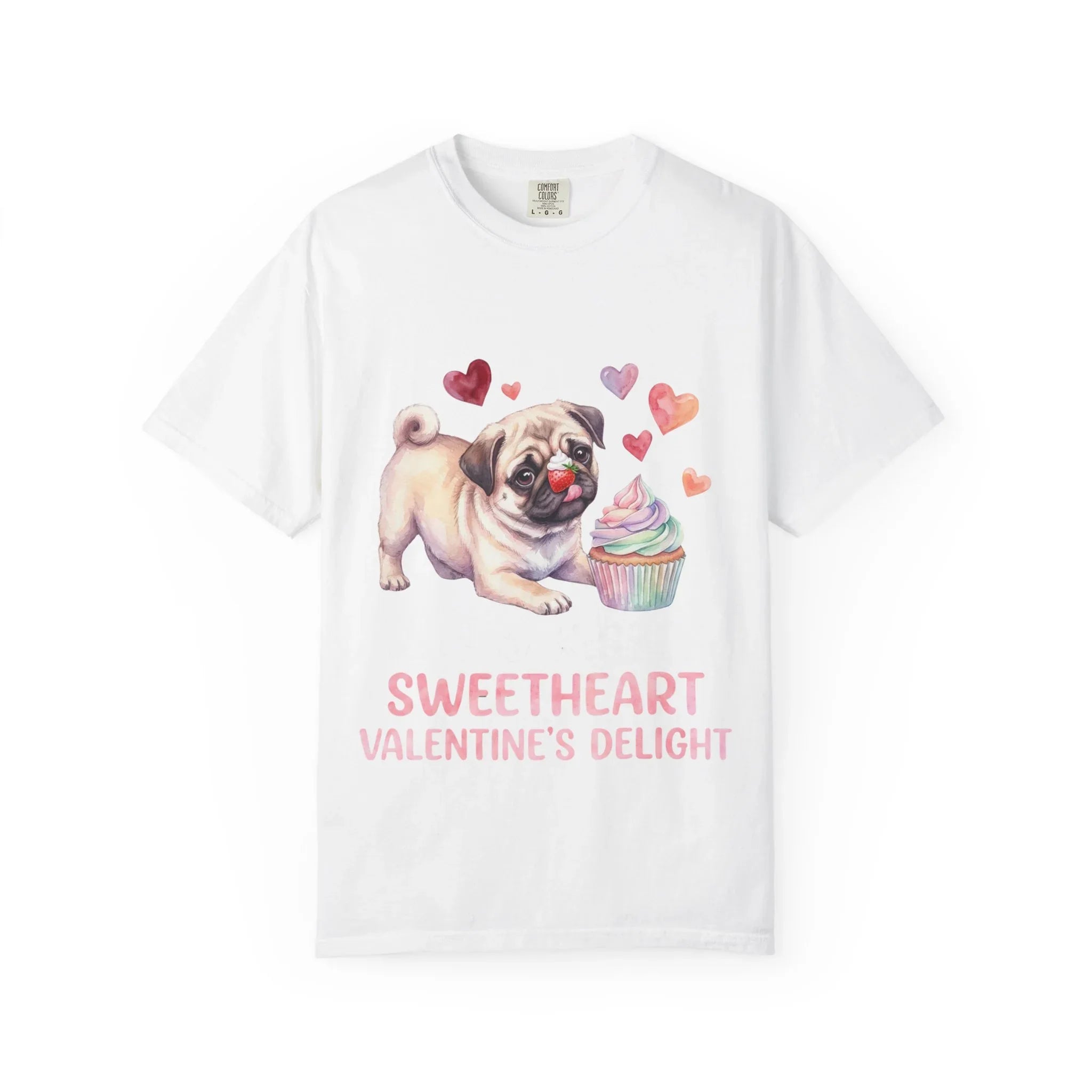 Pug Cupcake Sweetheart Valentines Delight T Shirt Cute Dog Hearts Watercolor Cozy Vintage Aesthetic Gift Pug Lovers Soft Cotton Romantic Tee