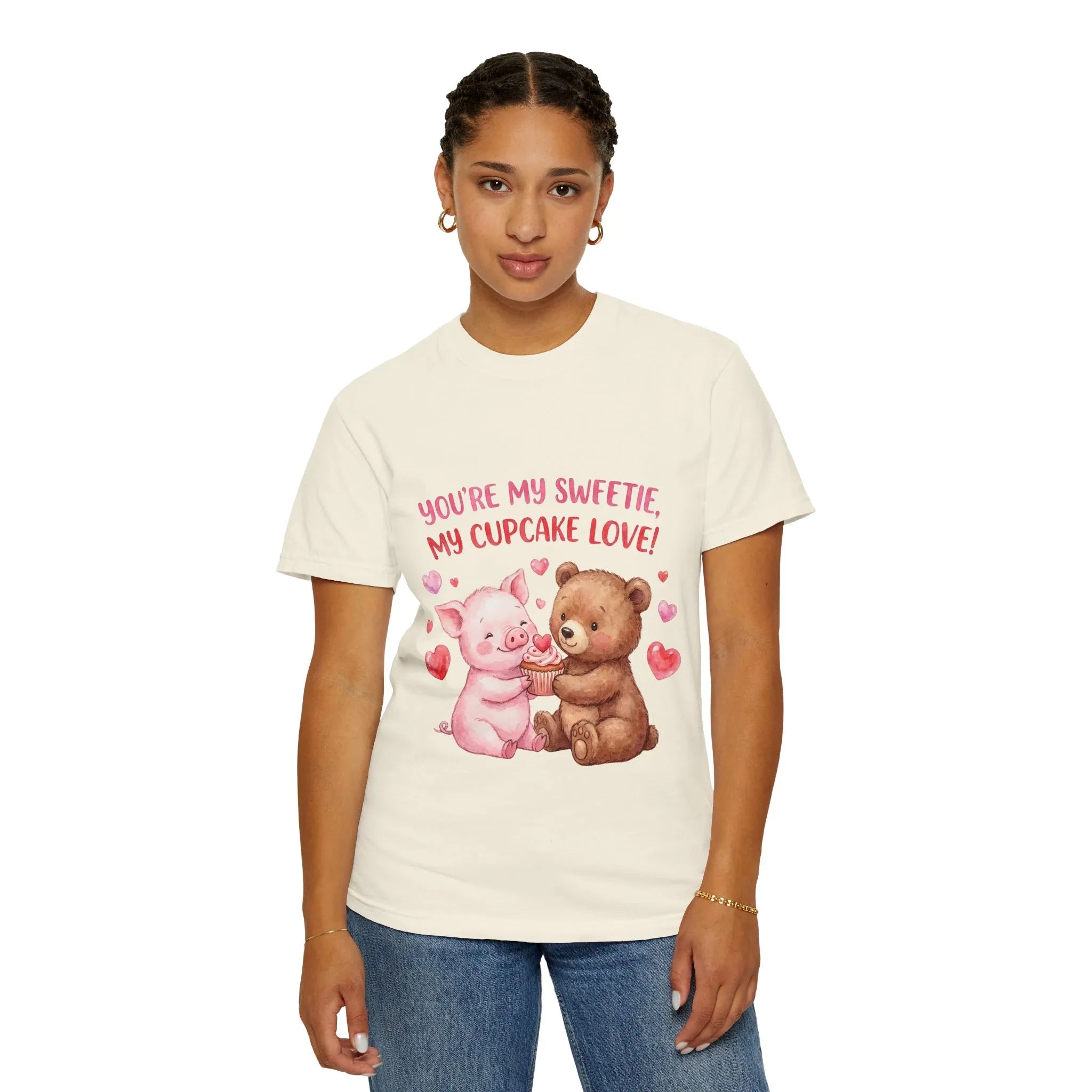 Youre My Sweetie My Cupcake Love T Shirt Cute Pig Bear Hearts Watercolor Cozy Vintage Aesthetic Gift Animal Lovers Soft Cotton Romantic Tee Ivory