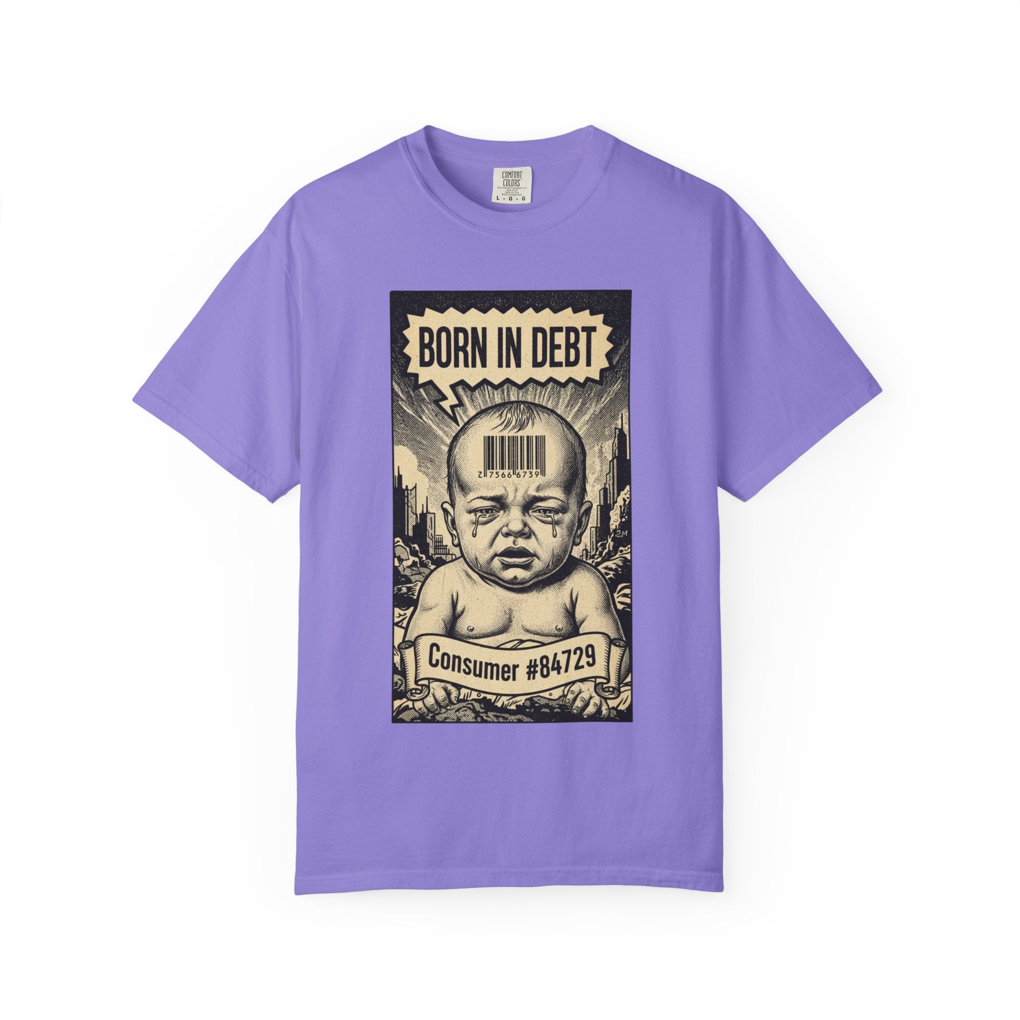 Born in Debt Shirt - Consumer Culture Satire T-Shirt - Financial Debt Awareness Tee - Vintage Comic Graphic - Sarcastic Social Commentary Gift Violet