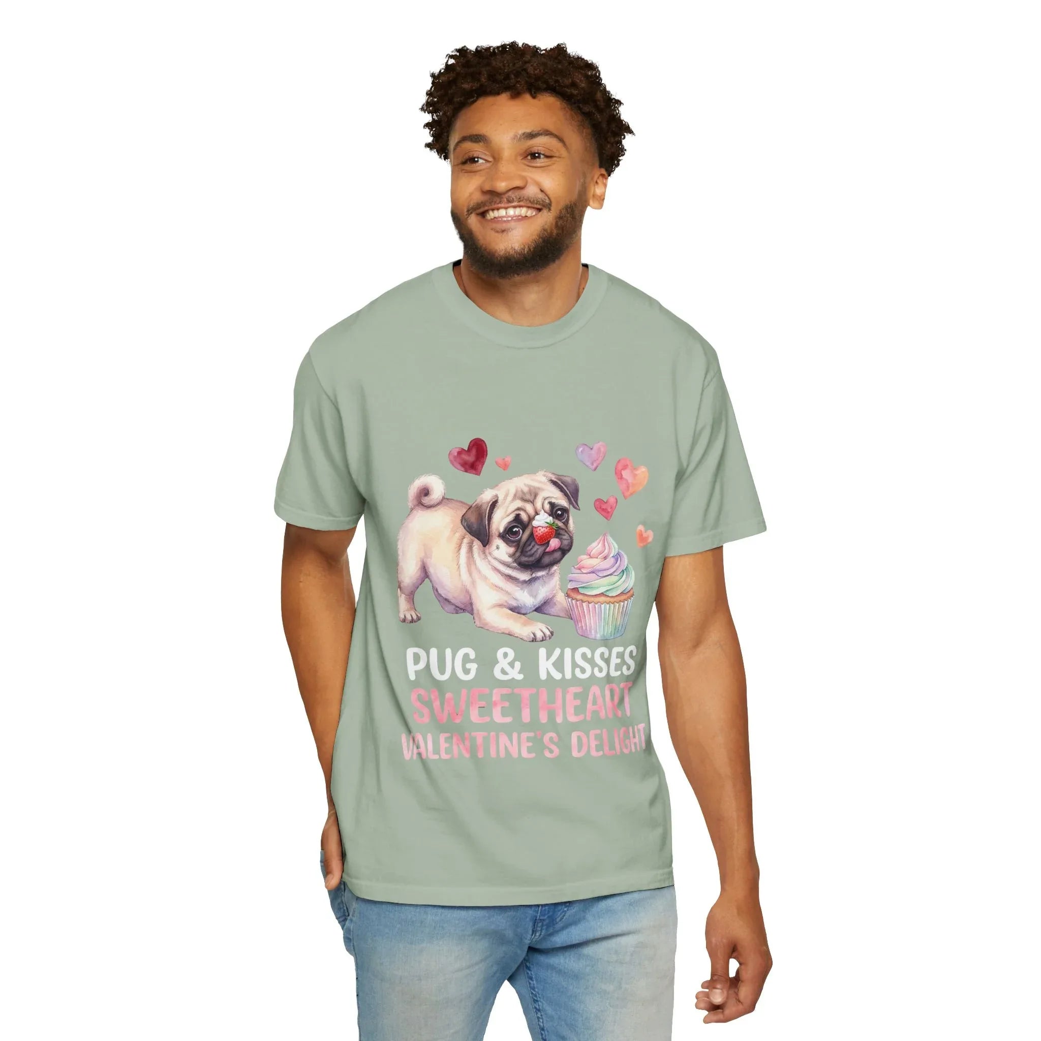 Pug Cupcake Sweetheart Valentines Delight T Shirt Cute Dog Hearts Watercolor Cozy Vintage Aesthetic Gift Pug Lovers Soft Cotton Romantic Tee