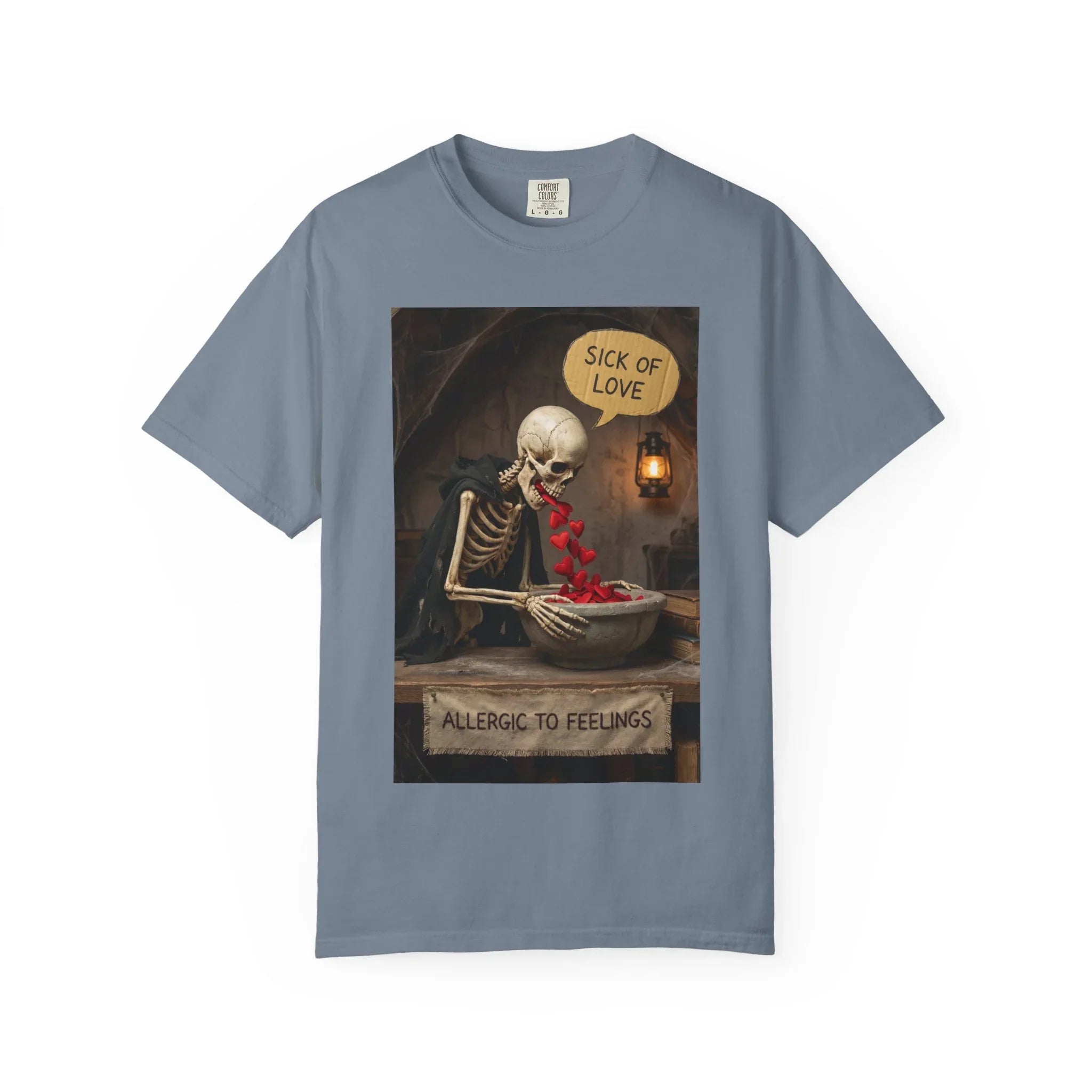 Sick of Love" Allergic To Feelings Vintage Skeleton T-Shirt - Premium Dark Humor Apparel Blue Jean