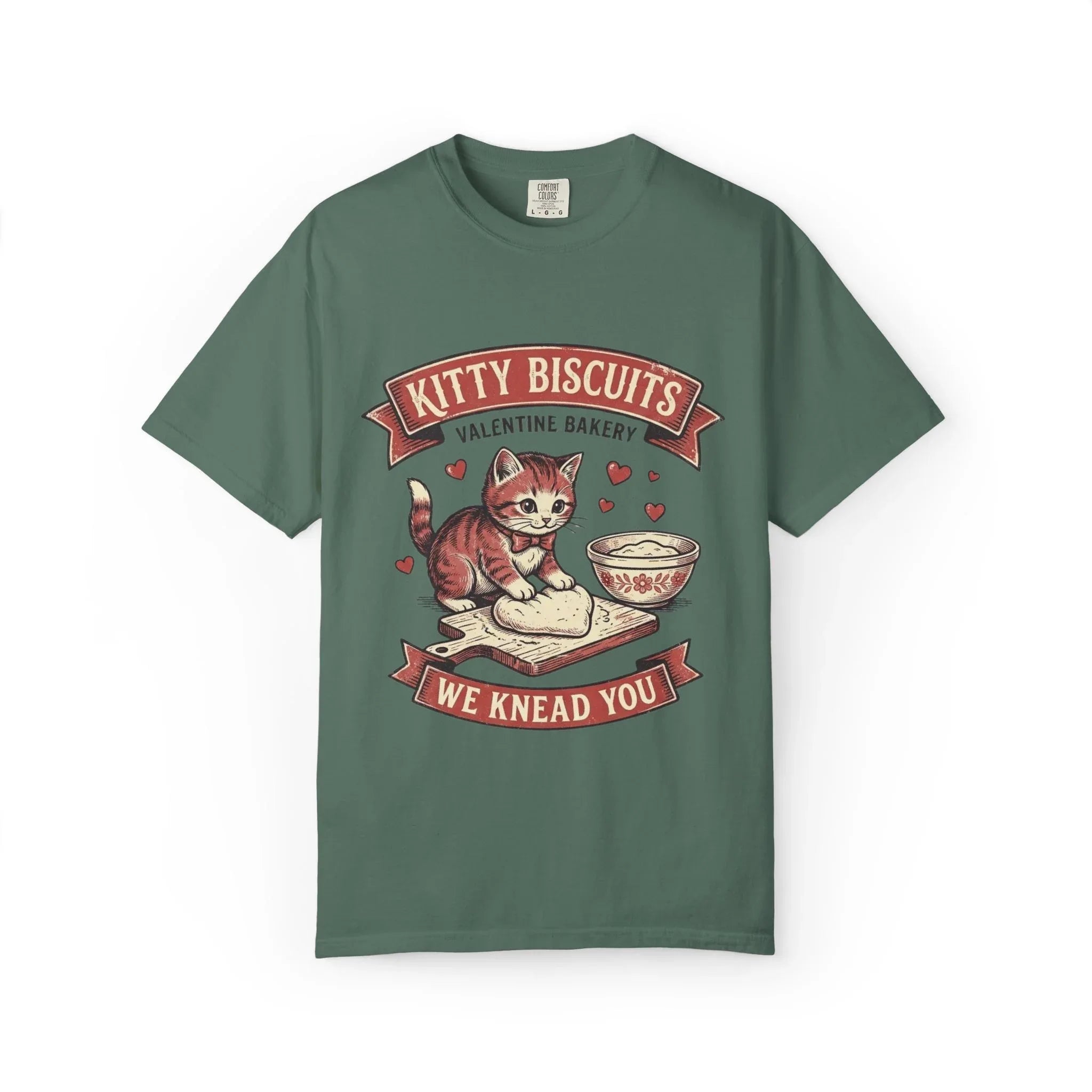 Kitty Biscuits T-Shirt | Valentine Bakery Cat We Knead You Graphic Tee Blue Spruce
