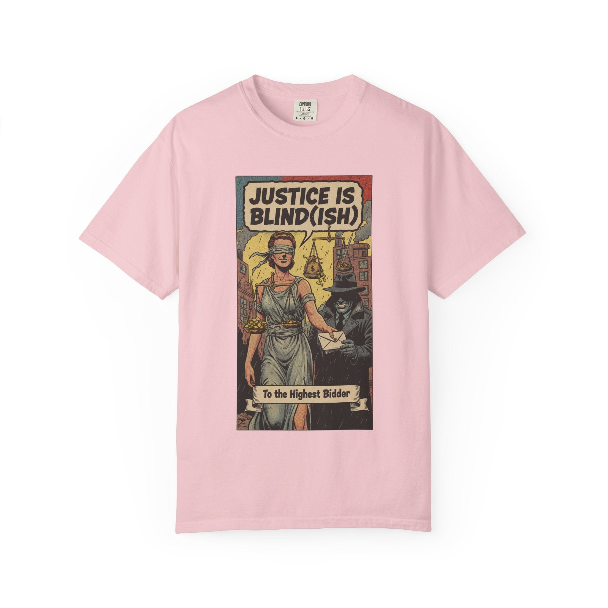 Justice Is Blind(ish) Shirt - Vintage Satire T-Shirt - Retro Comic Graphic Tee - Sarcastic Lady Justice Gift - Garment-Dyed Streetwear Blossom