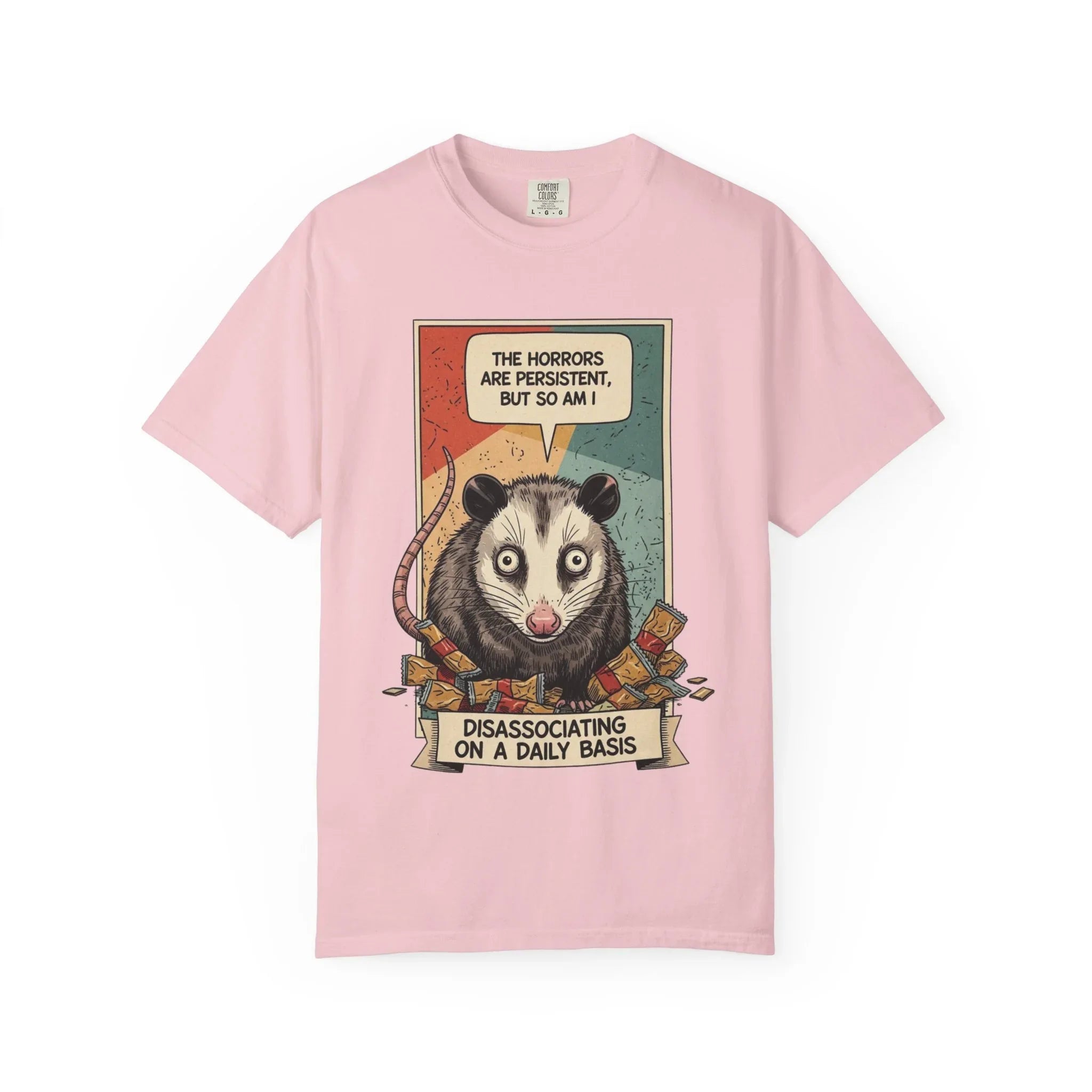 Funny Opossum Shirt - "The Horrors Are Persistent But So Am I" Tee - Mental Health Awareness Gift - Disassociation Meme Sweatshirt - Retro Trash Cat Hoodie Blossom