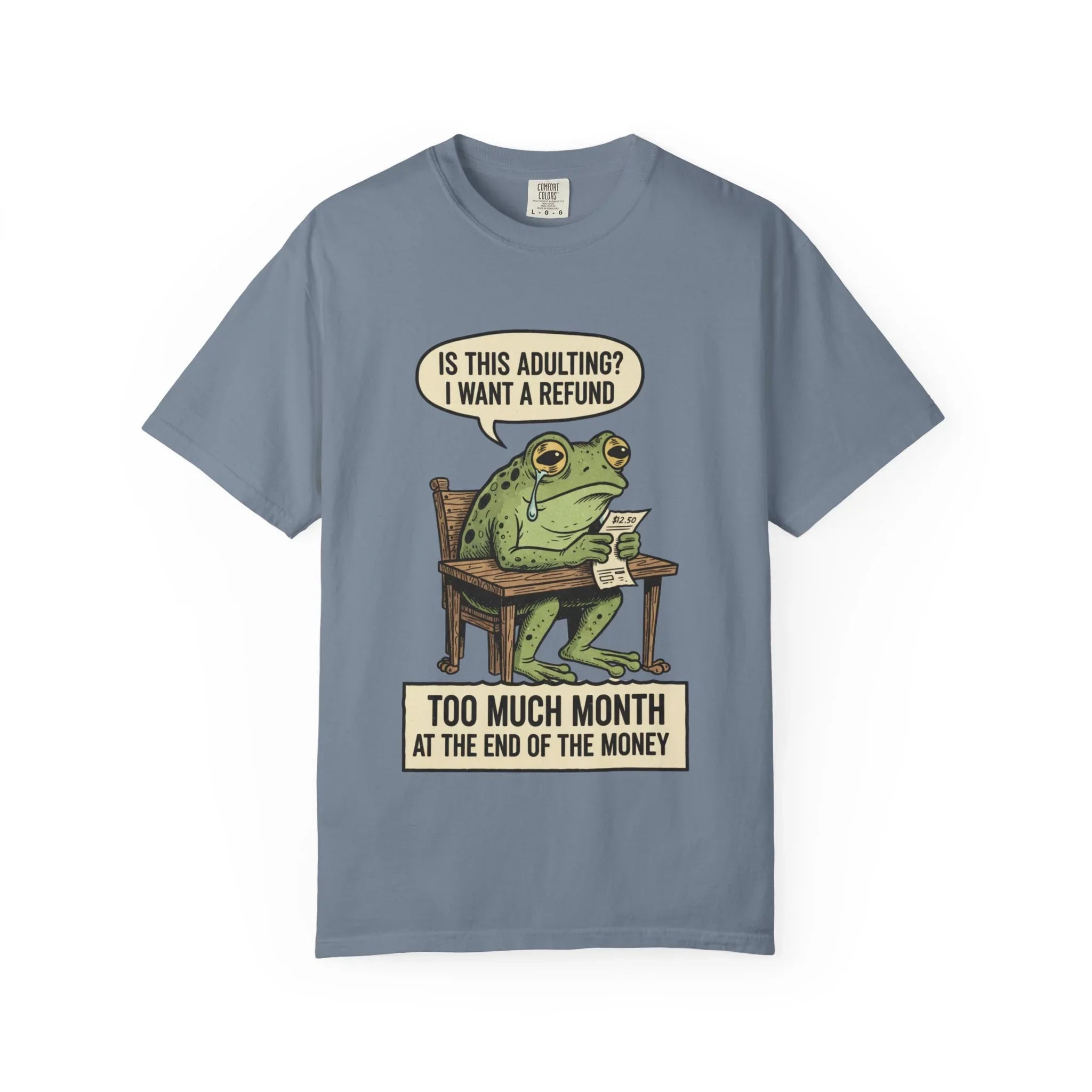 Funny Adulting Shirt - Sad Frog Hoodie - "I Want A Refund On Adulting" Tee - Broke Meme Gift - Financial Humor T-Shirt - Vintage Animal Art Millennial Top Blue Jean