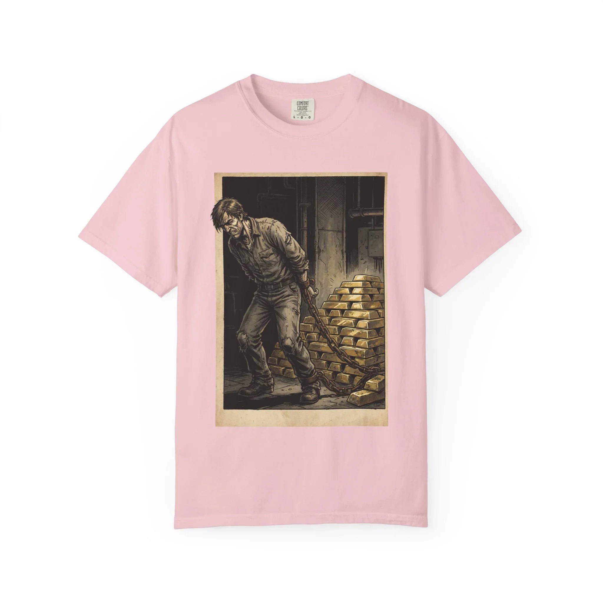 Heavy Gold Chains Satirical Shirt - Gritty Comic Art Tee - "Golden Burden" Wealth Trap Graphic - Vintage Prisoner of Greed Gift - Dark Humor Satire Streetwear Blossom