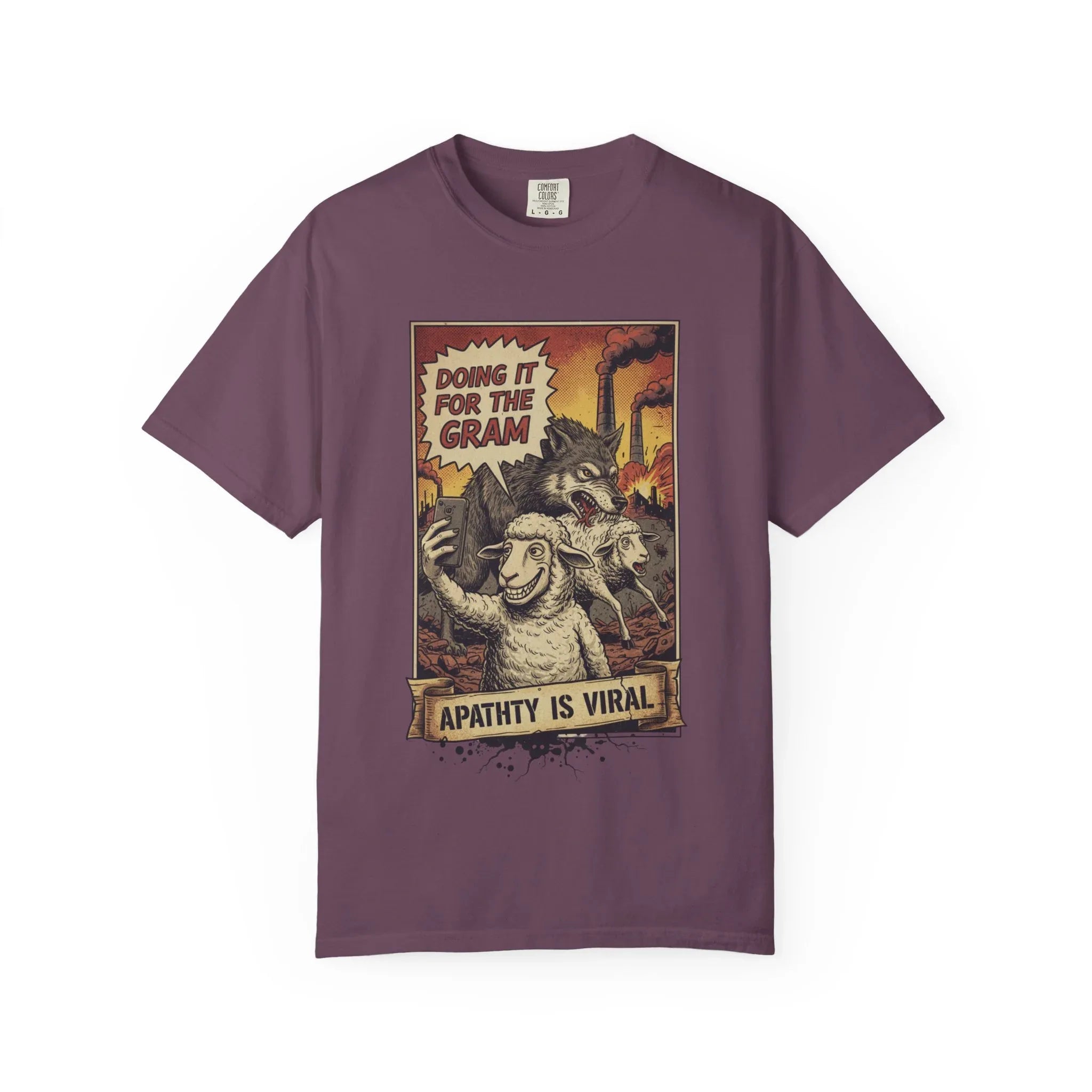 Doing It For The Gram Vintage Shirt - Satirical Wolf and Sheep Graphic Tee - Retro Social Media Irony T-Shirt - 1950s Propaganda Style Dark Humor - Unapologetic Social Critique Apparel Berry