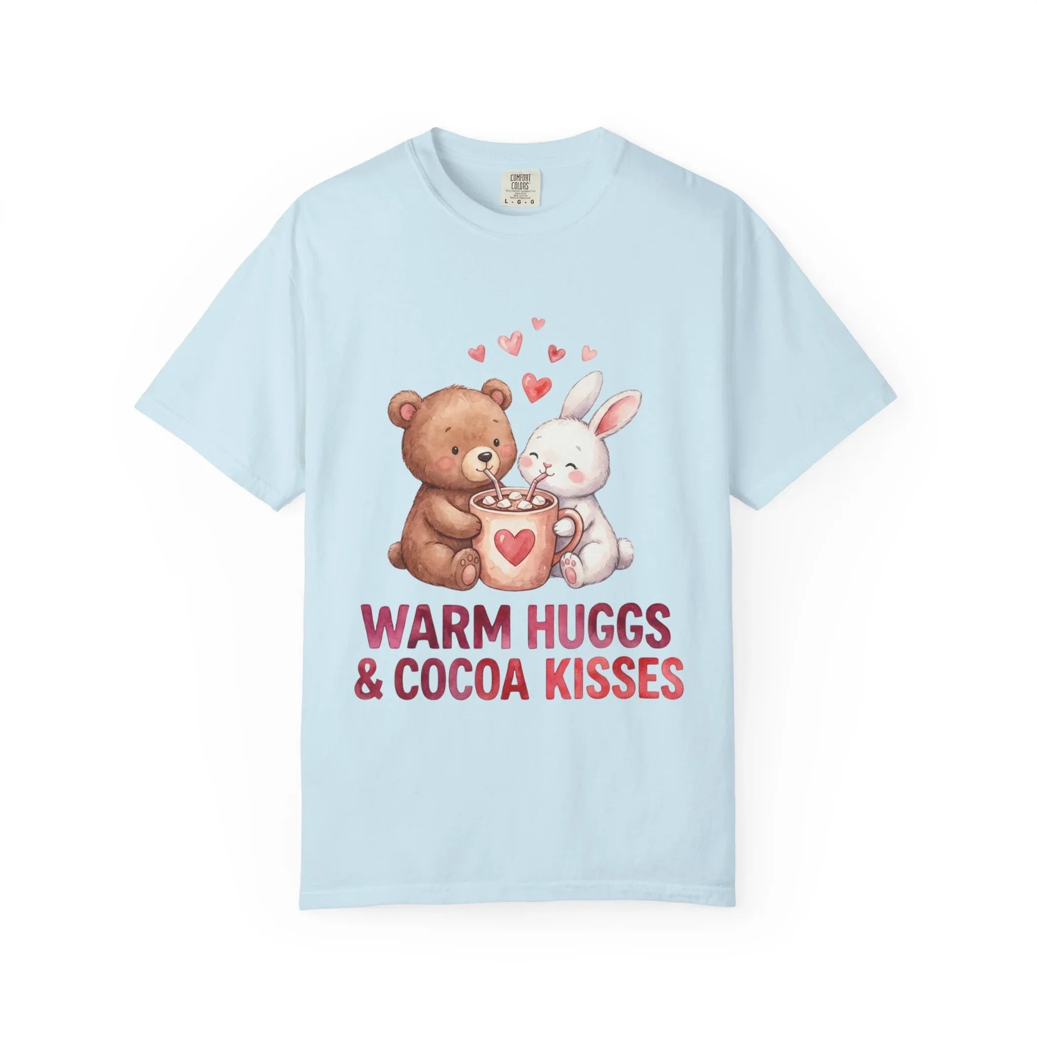 Warm Hugs and Cocoa Kisses T-Shirt | Bear Bunny Hot Cocoa Design | Cozy Winter Valentine Gift | Soft Vintage Aesthetic Tee Chambray