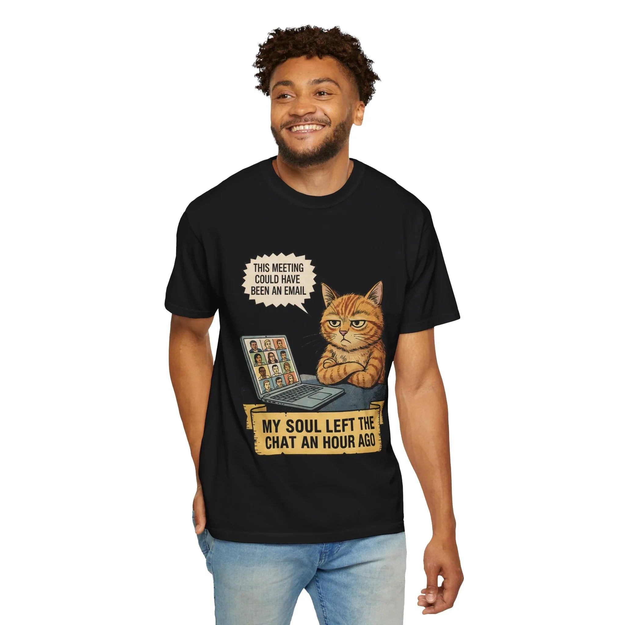 Funny Work From Home Shirt - Sarcastic Cat Hoodie - Corporate Humor Gift - "This Meeting Could Have Been An Email" Tee - Remote Work Meme - My Soul Left The Chat Top