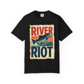 River Riot Salmon T-Shirt, Retro Fishing Graphic Tee, Vintage Fish Poster Design, Leaping Salmon Sunburst Stripes, Unisex Garment-Dyed Black