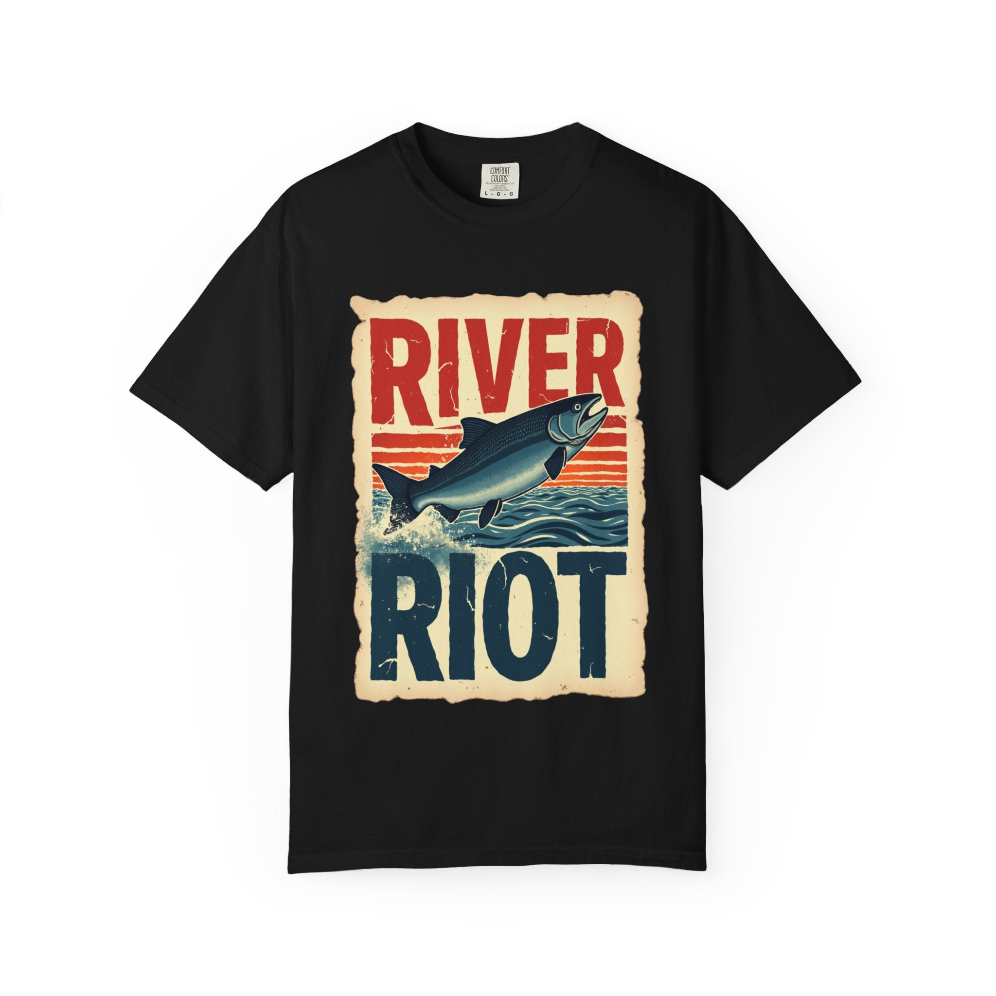 River Riot Salmon T-Shirt, Retro Fishing Graphic Tee, Vintage Fish Poster Design, Leaping Salmon Sunburst Stripes, Unisex Garment-Dyed Black