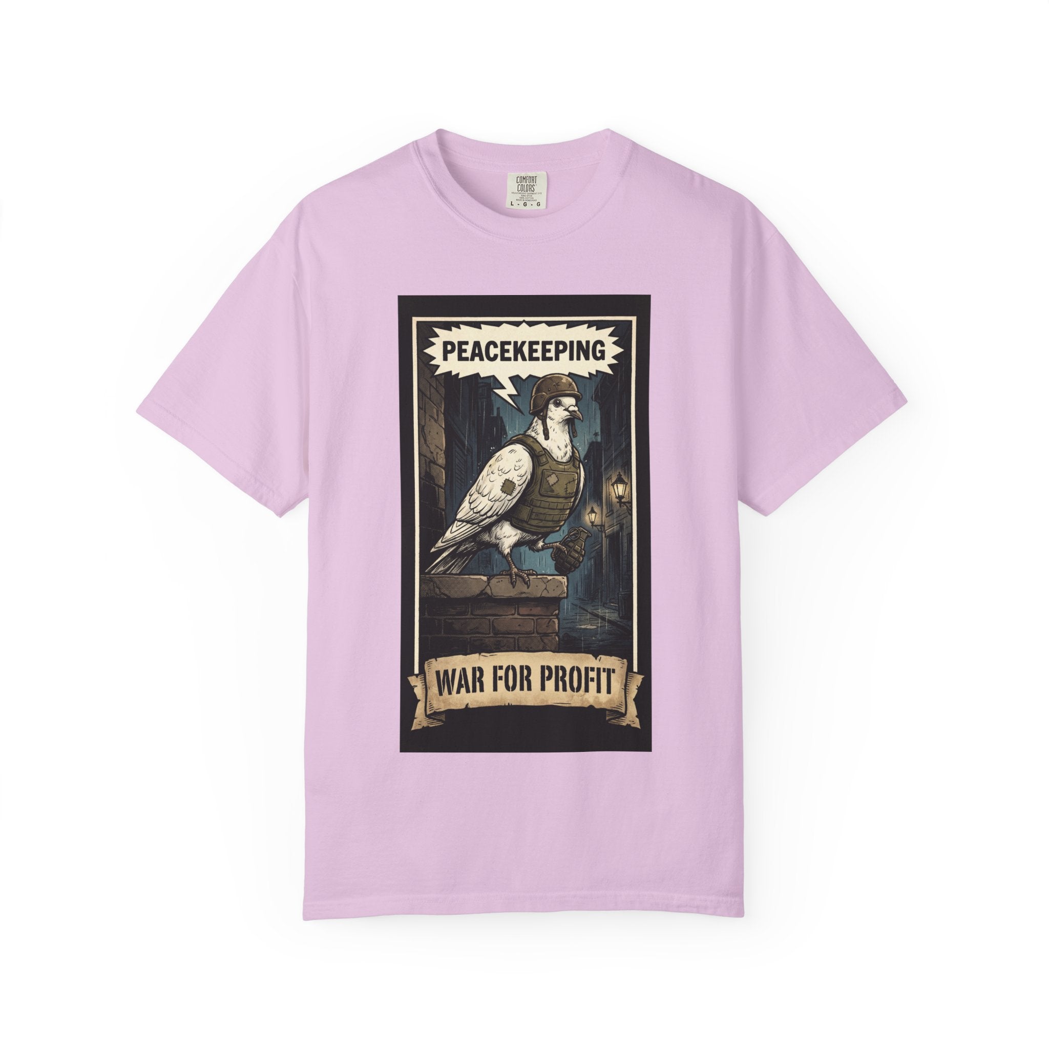 Peacekeeping War for Profit Shirt Anti War Political Satire Tee Vintage Dove Graphic Social Commentary Gift Retro Activist Apparel Orchid