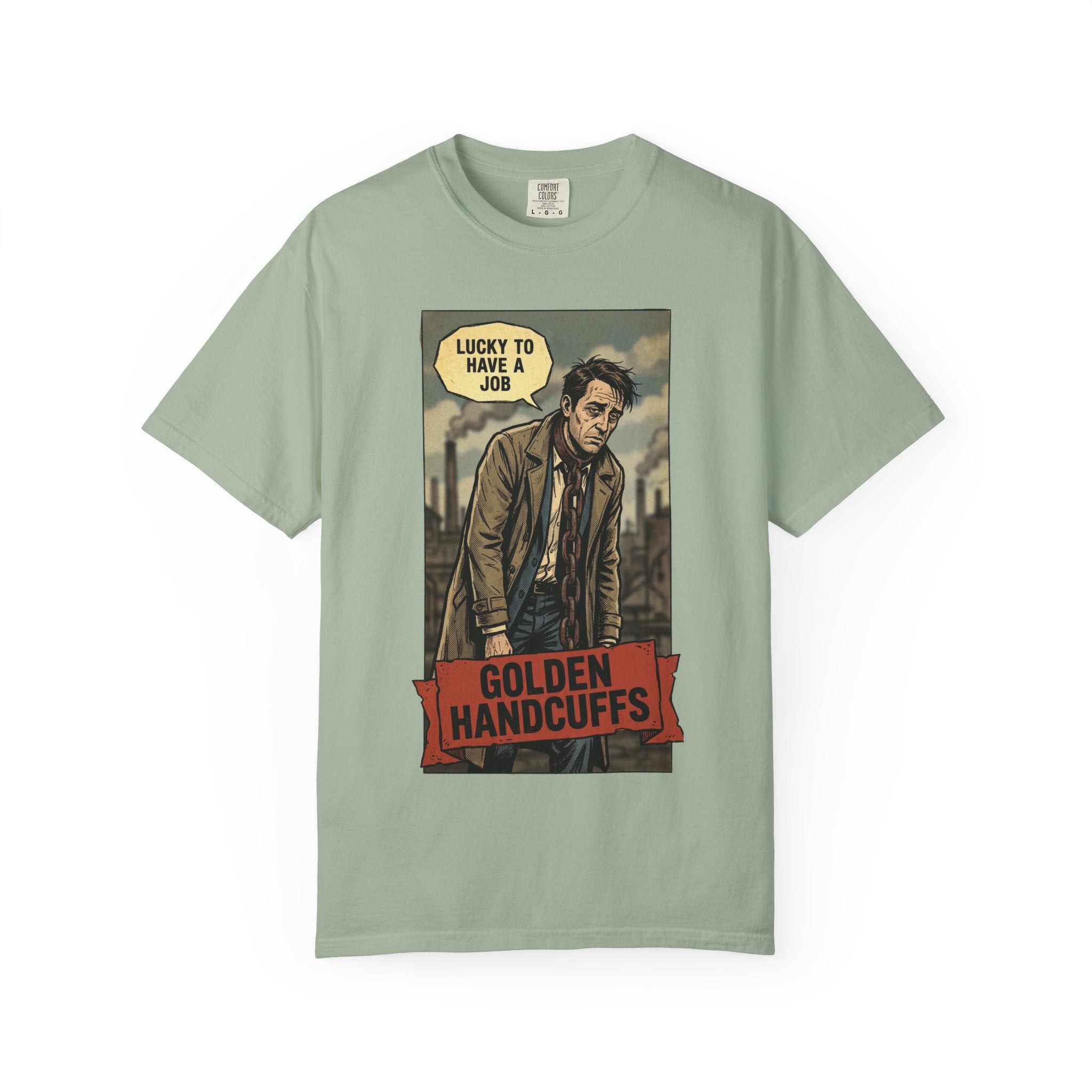 Golden Handcuffs Vintage Comic Shirt Sarcastic Work Humor Tee Retro Anti Work Gift Corporate Slave Aesthetic Tshirt Industrial GrungeGraphic Bay