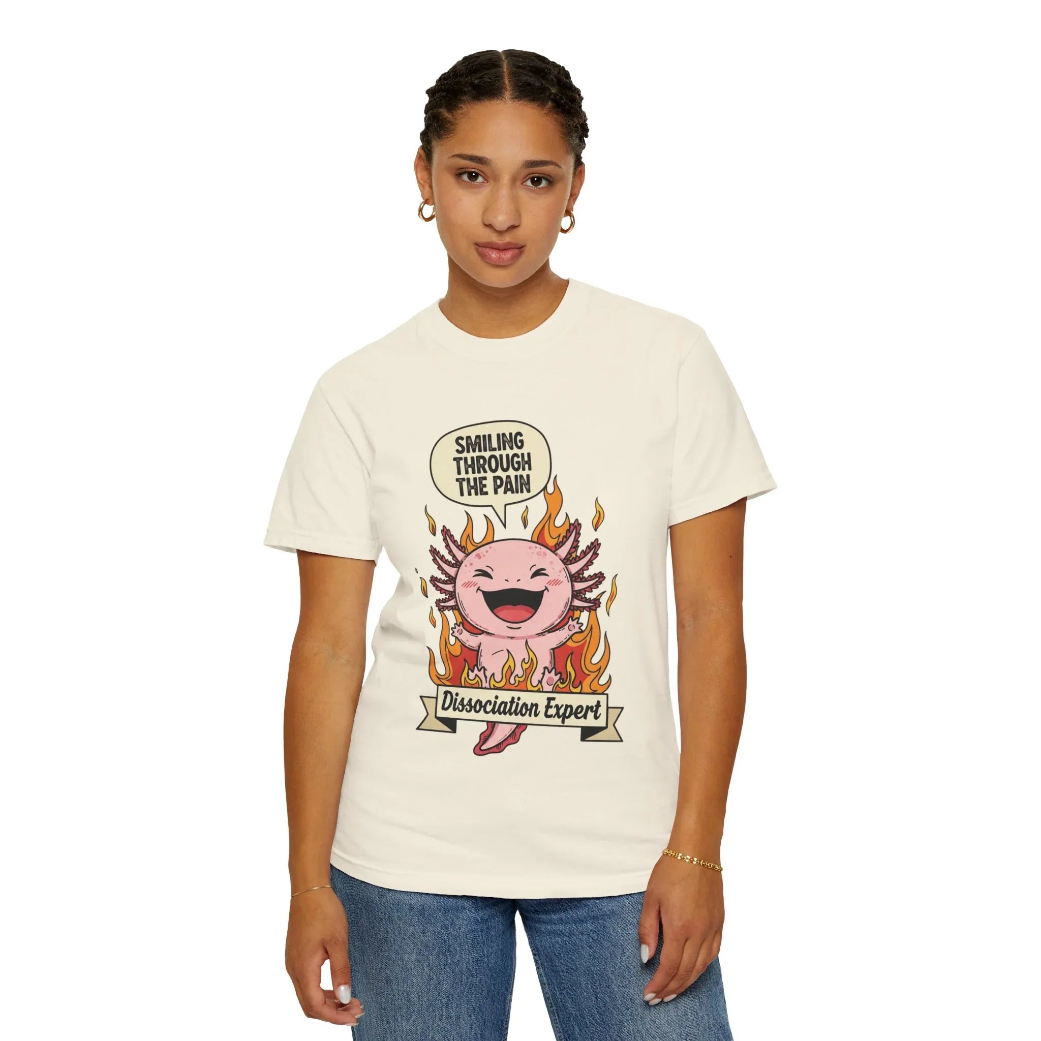 Funny Axolotl Shirt - "Dissociation Expert" Graphic Tee - Smiling Through The Pain Shirt - Mental Health Dark Humor Gift - Vintage Comfort Colors Style Oversized Top