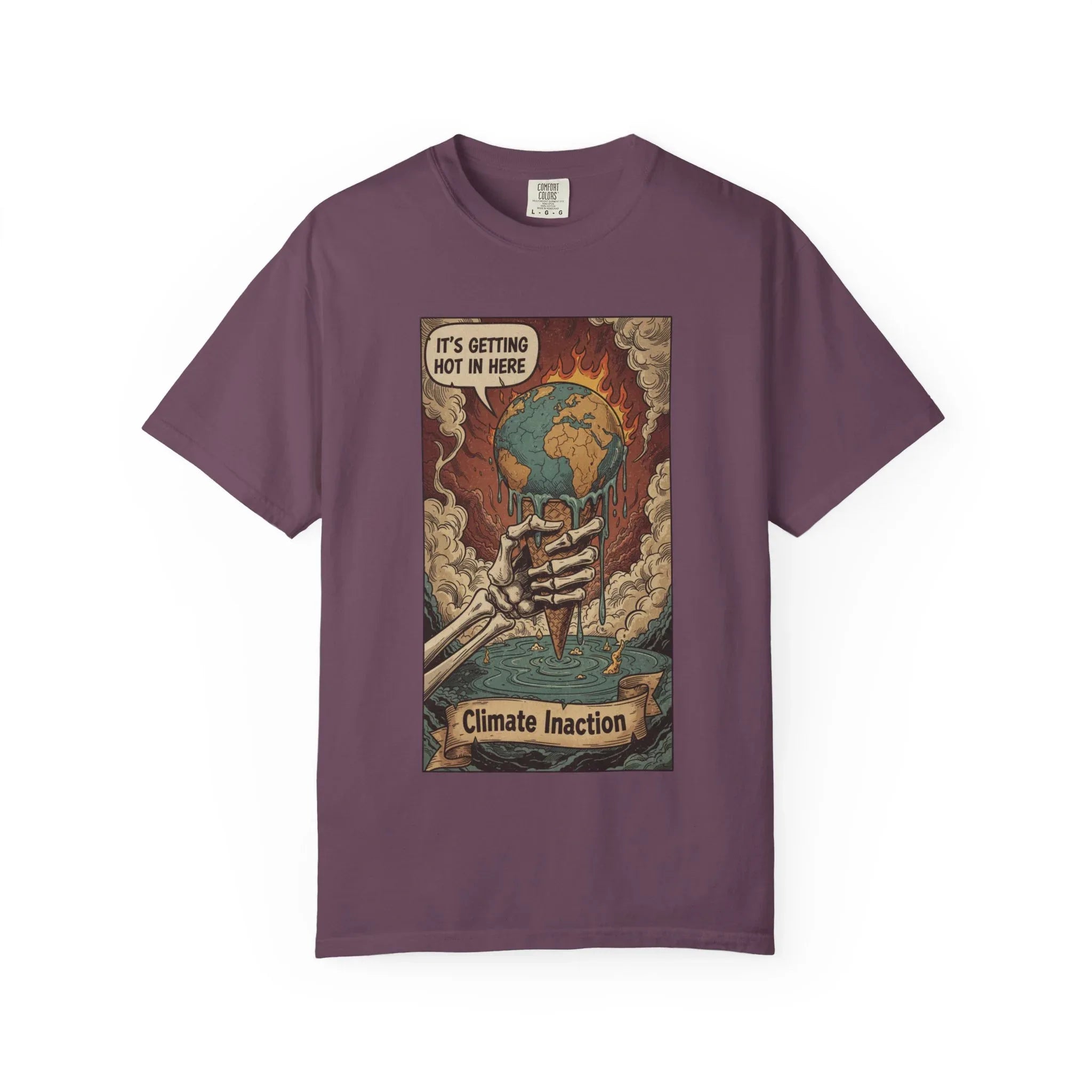 Climate Inaction Melting Earth Shirt - Global Warming Satire Tee - Skeleton Hand Vintage Graphic - Environmental Activist Gift - Retro Distressed Planet Earth T-Shirt Berry