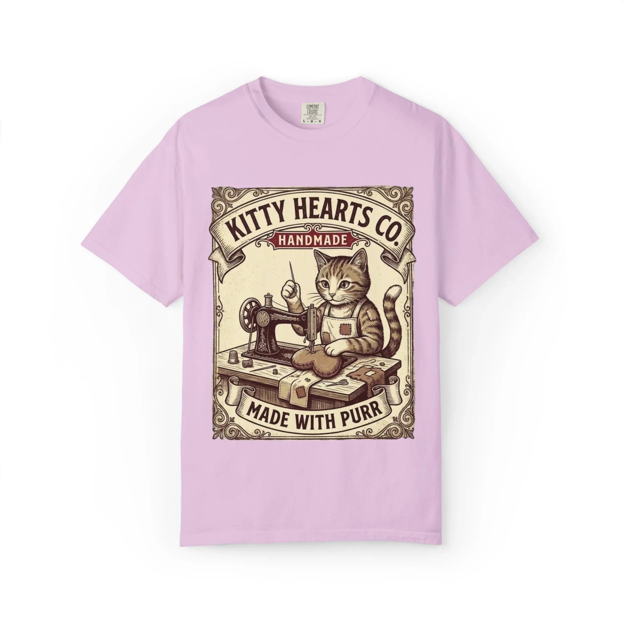 Kitty Hearts Co T-Shirt | Vintage Sewing Cat Made With Purr Graphic Tee | Retro Craft Lover Gift Orchid