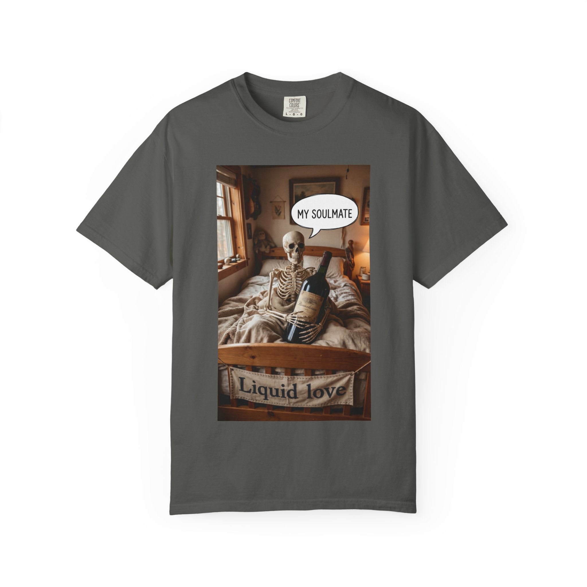 Liquid Love Skeleton Wine Shirt - Funny Soulmate Gift - Dark Humor T-Shirt - Gothic Cottagecore Graphic Tee - Sarcastic Wine Enthusiast Apparel Pepper