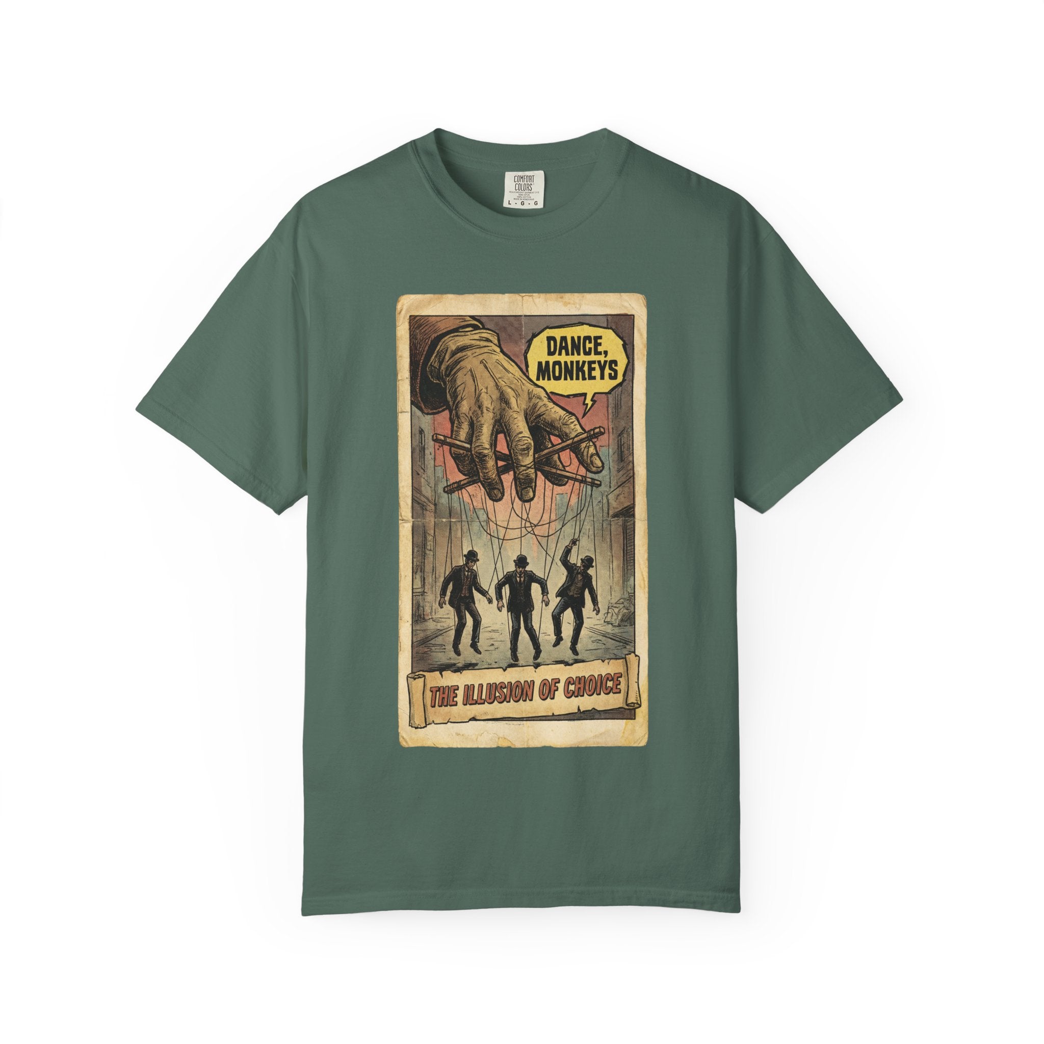 The Illusion of Choice Shirt, Dance Monkeys Puppet Master Tee, Sarcastic Social Commentary T-Shirt, Vintage Grunge Philosophy Apparel Blue Spruce