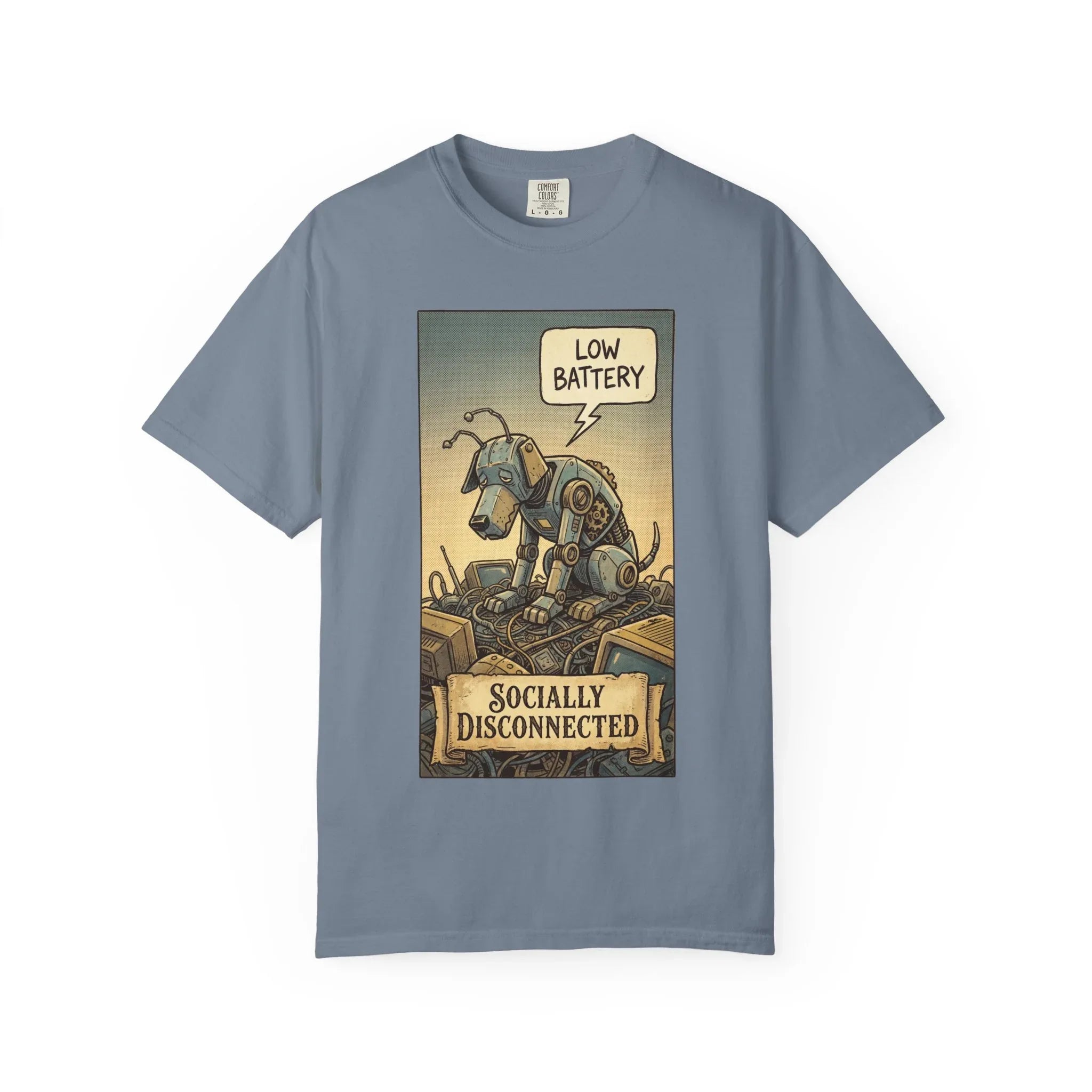 Socially Disconnected Robot Dog Shirt - Vintage Retro Comic Tee - Social Battery Introvert Gift - Satirical Humor Aesthetic T-Shirt - Relatables Low Battery Robot Graphic Tee Blue Jean