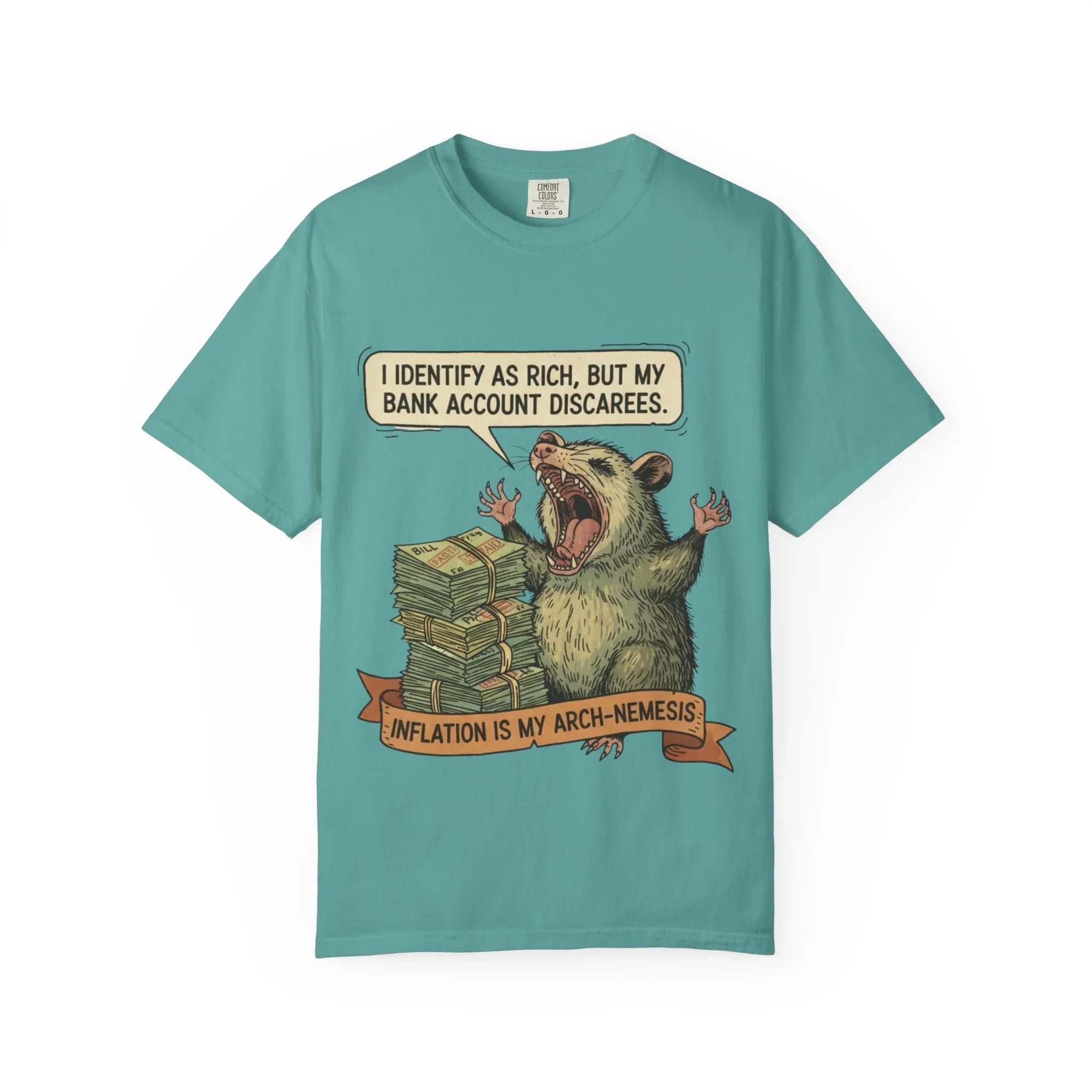 Funny Opossum Shirt I Identify As Rich Sarcastic Animal Meme Tee Screaming Opossum Gift for Friend Inflation Struggle Humor Top Seafoam