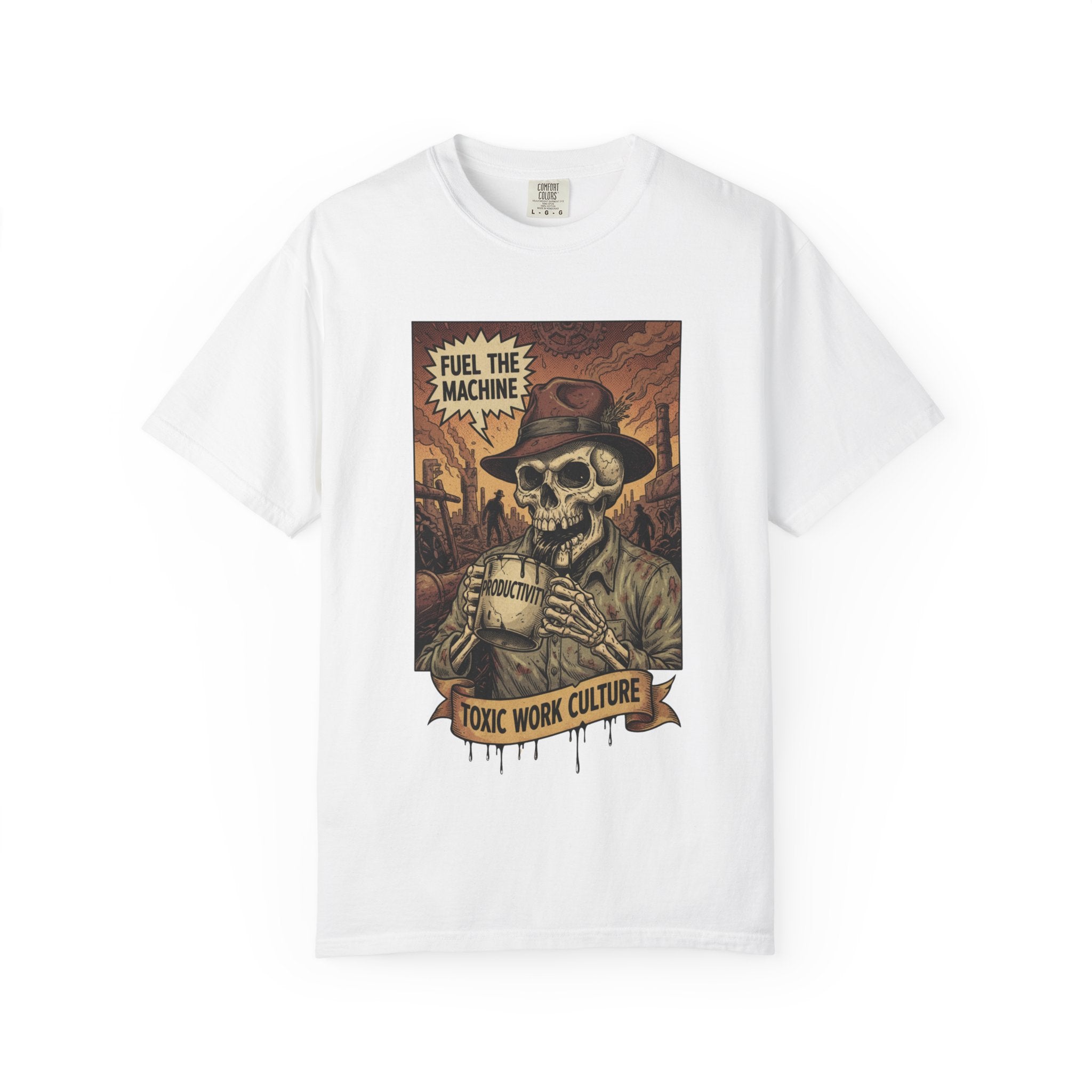 Fuel The Machine Shirt Vintage Skeleton Graphic Tee Anti Work Culture Satire Gift Funny Productivity Burnout T-Shirt Retro Industrial Grunge White