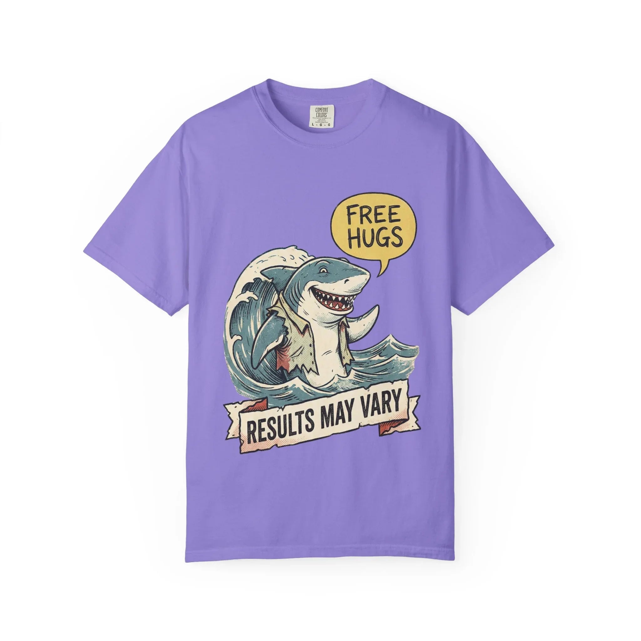 Vintage Shark Shirt - Funny "Free Hugs" T-Shirt - Dark Humor Gift - Retro Graphic Tee - Sarcastic Ocean Lover Top - Grunge Style Animal Apparel Violet