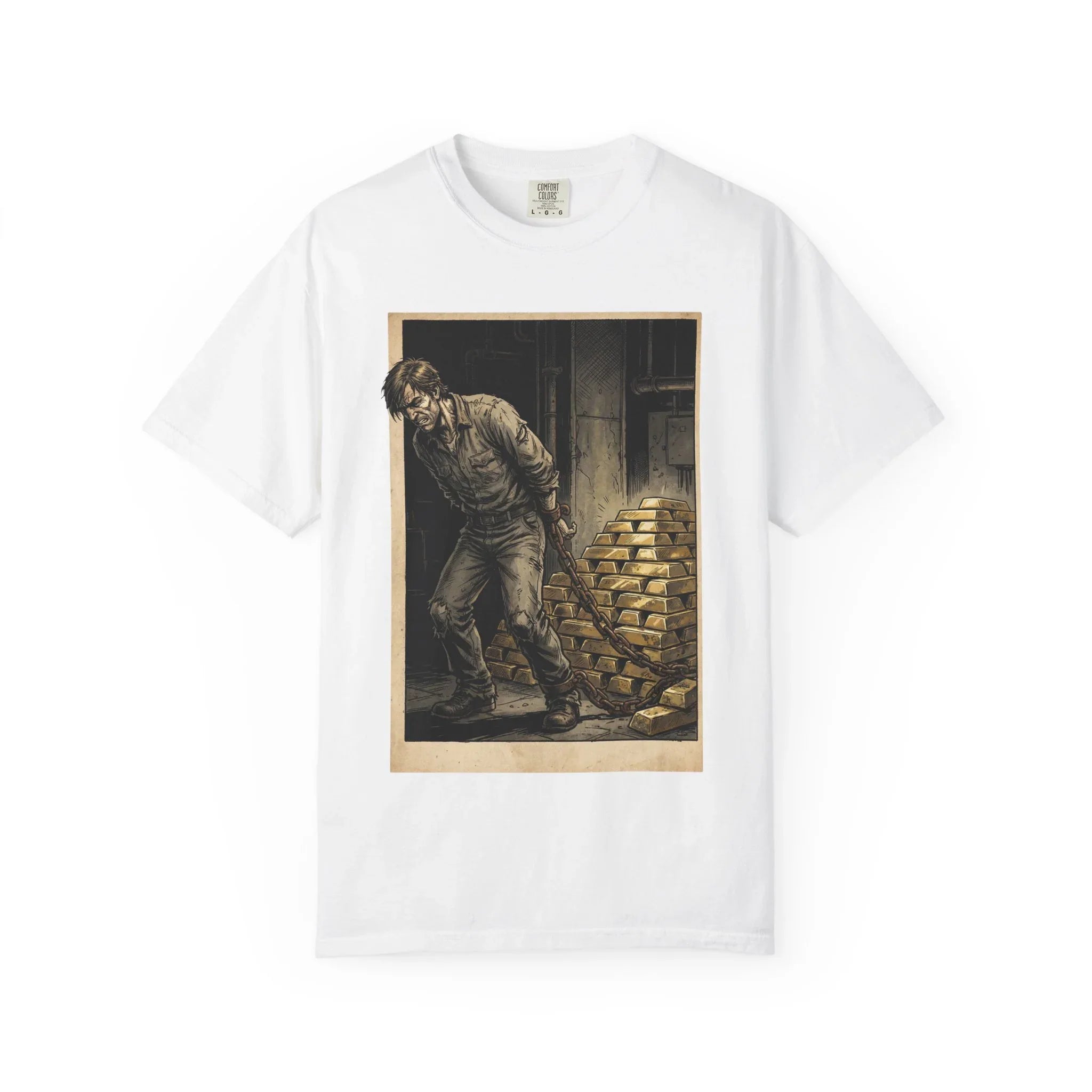 Heavy Gold Chains Satirical Shirt - Gritty Comic Art Tee - "Golden Burden" Wealth Trap Graphic - Vintage Prisoner of Greed Gift - Dark Humor Satire Streetwear