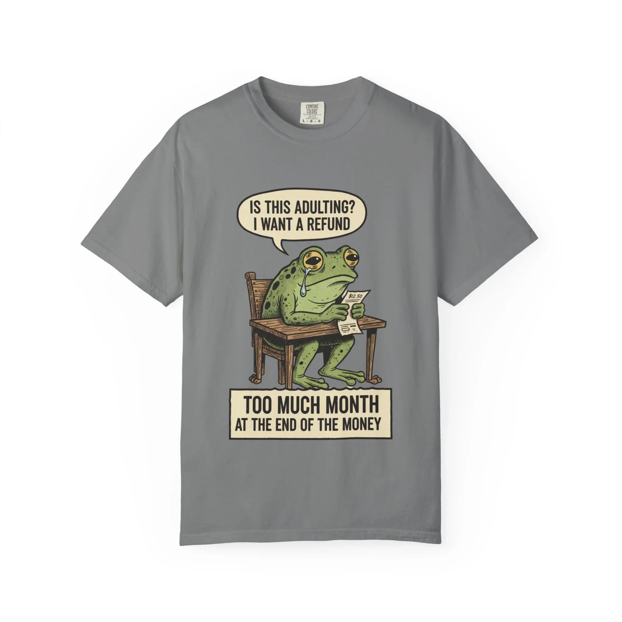 Funny Adulting Shirt - Sad Frog Hoodie - "I Want A Refund On Adulting" Tee - Broke Meme Gift - Financial Humor T-Shirt - Vintage Animal Art Millennial Top Grey