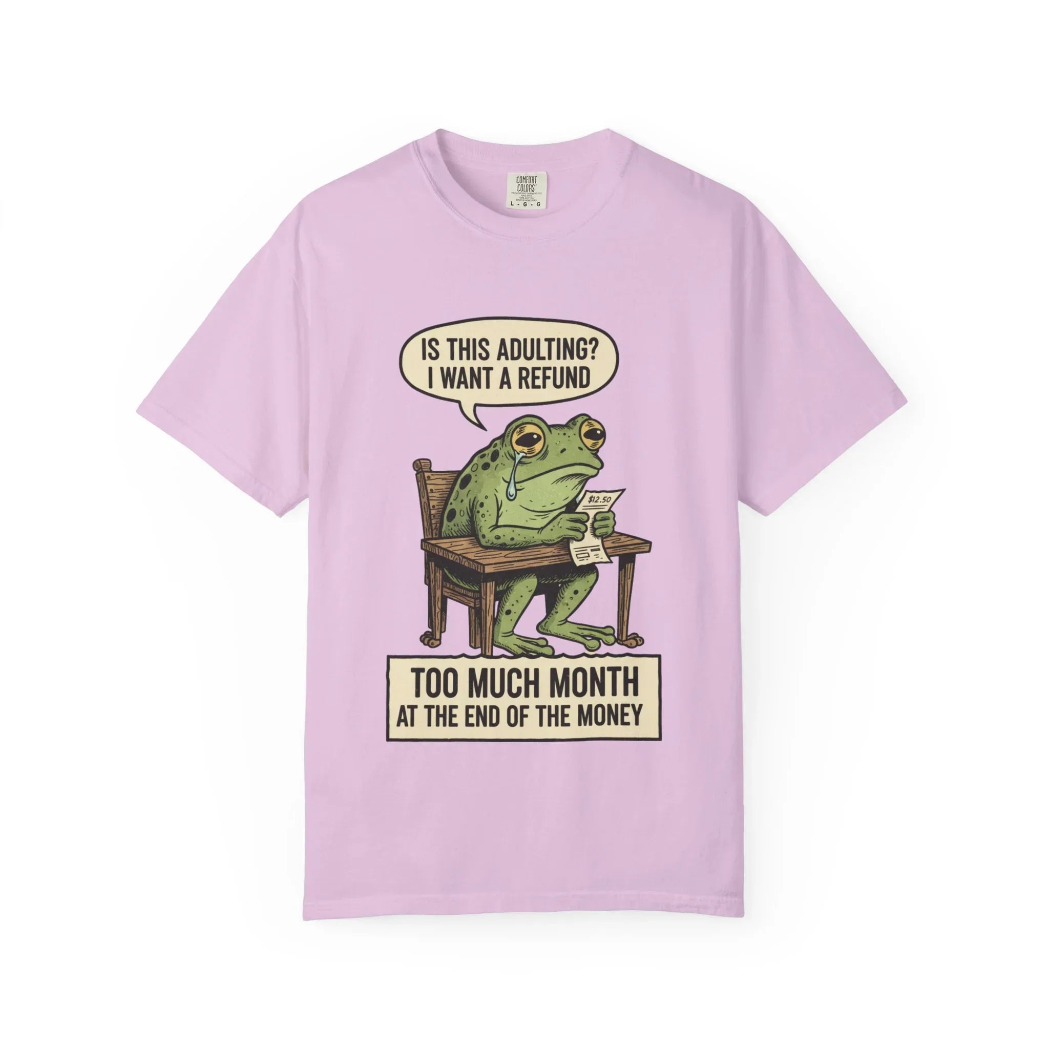 Funny Adulting Shirt - Sad Frog Hoodie - "I Want A Refund On Adulting" Tee - Broke Meme Gift - Financial Humor T-Shirt - Vintage Animal Art Millennial Top Orchid