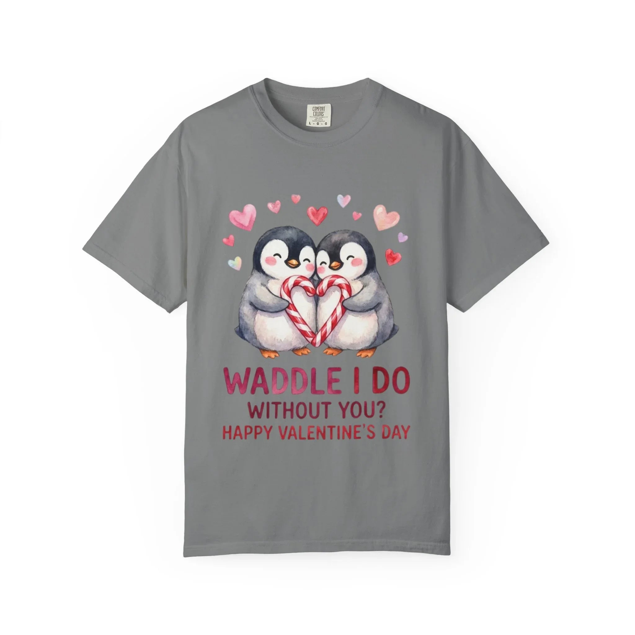 Valentine Penguin Couple Candy Hearts T Shirt Waddle I Do Without You Watercolor Cozy Vintage Aesthetic Gift Lovers Soft Cotton Romantic Tee Grey