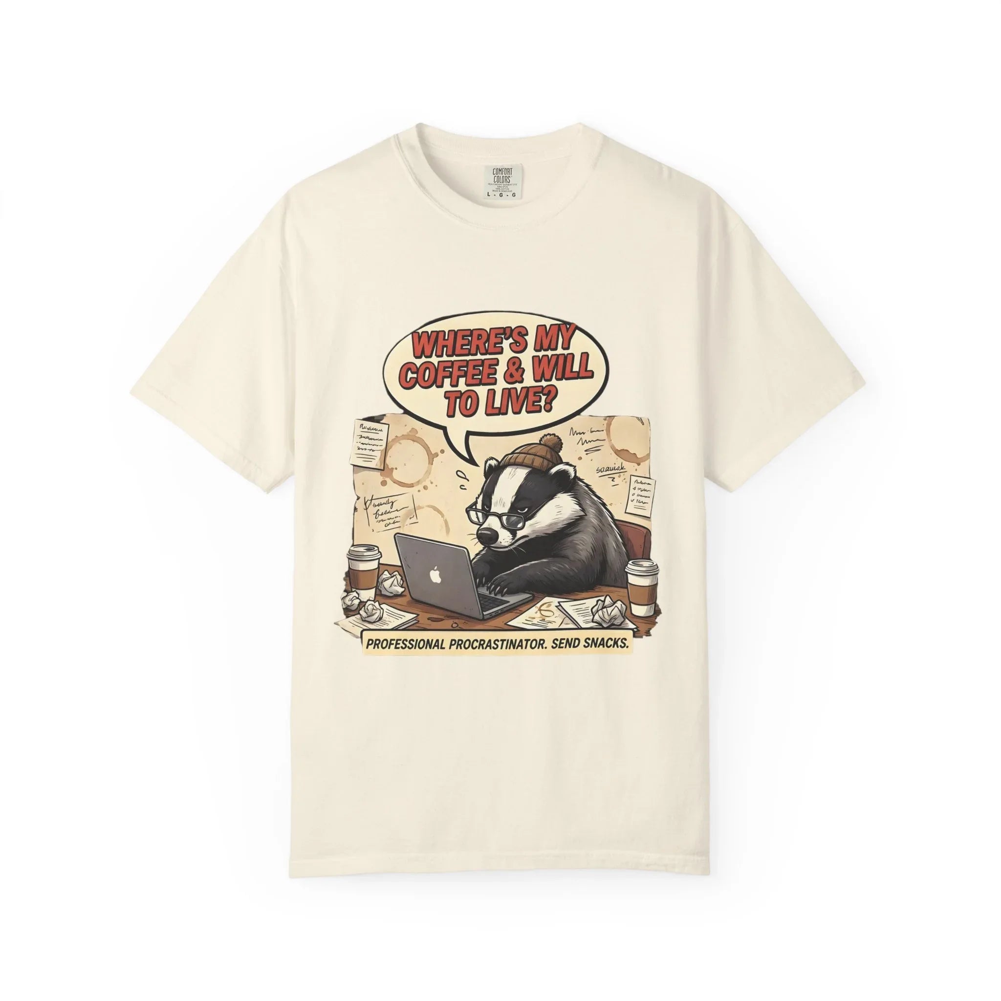 Where's My Coffee and Will to Live Badger T-Shirt | Procrastination Coffee Design | Funny Freelancer Gift | Vintage Sarcastic Humor Tee Ivory