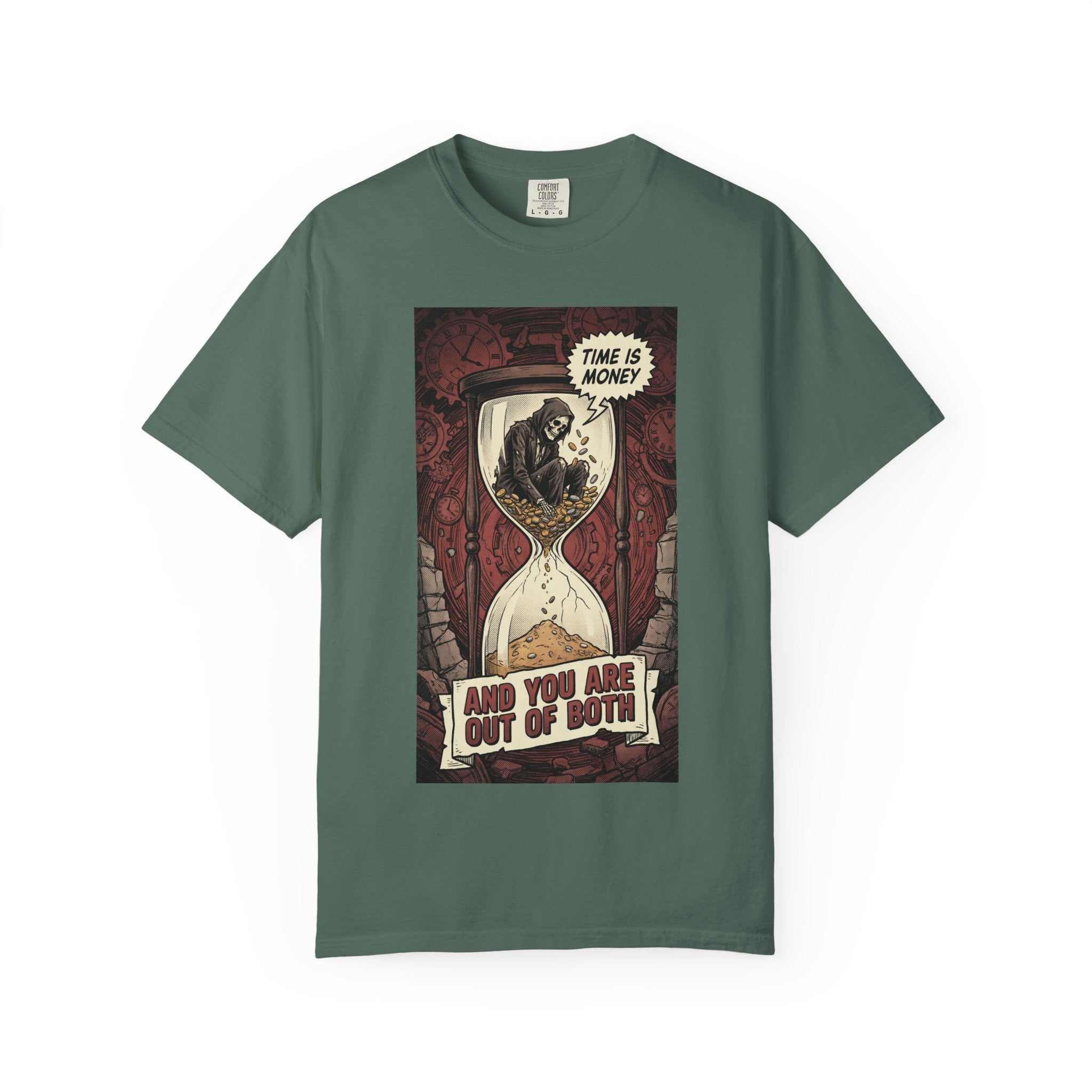 Time Is Money Shirt, Out of Both Grim Reaper Tee, Sarcastic Financial Satire Shirt, Vintage Grunge Hourglass Apparel, Dark Humor Philosophy Gift Blue Spruce