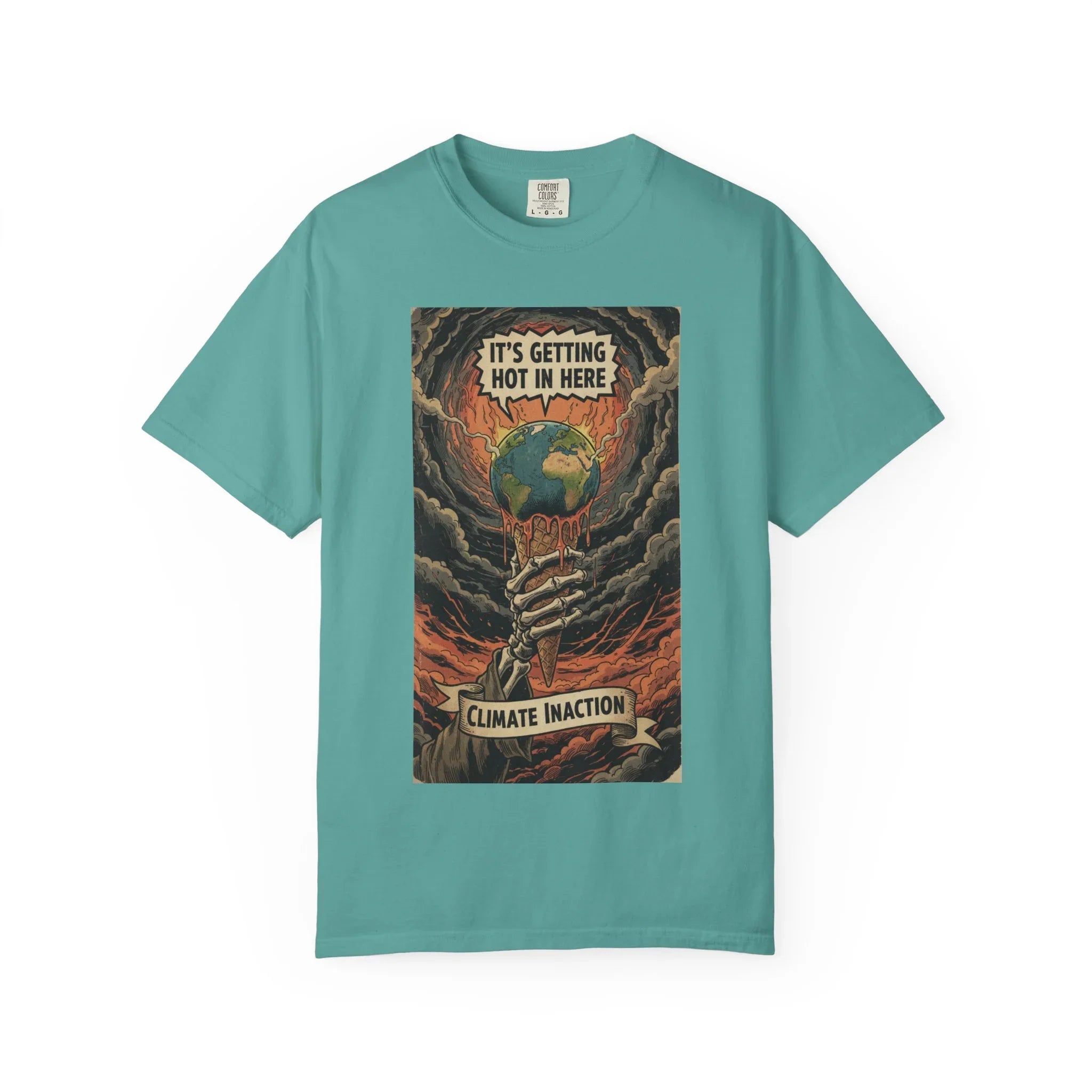 Climate Inaction Skeleton Melting Earth Shirt - Vintage Graphic Global Warming Activist Tee - Retro Aesthetic Sarcastic Eco-Friendly Gift - Heavyweight Garment-Dyed Unisex T-shirt Seafoam