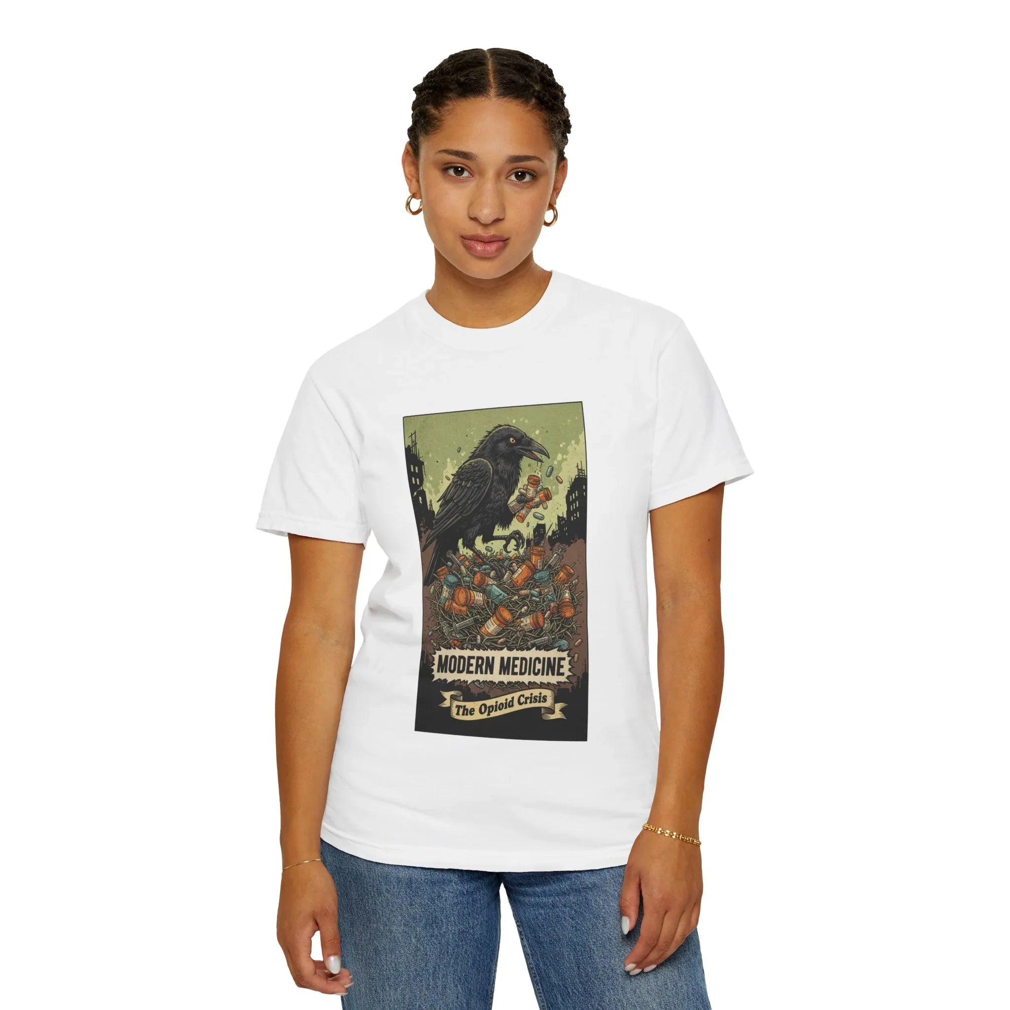 Modern Medicine Raven Shirt - Opioid Crisis Satire Tee - Dark Gothic Graphic T-Shirt - Vintage Social Commentary Art - Raven Nest Medicine Bottle Dark Humor Streetwear