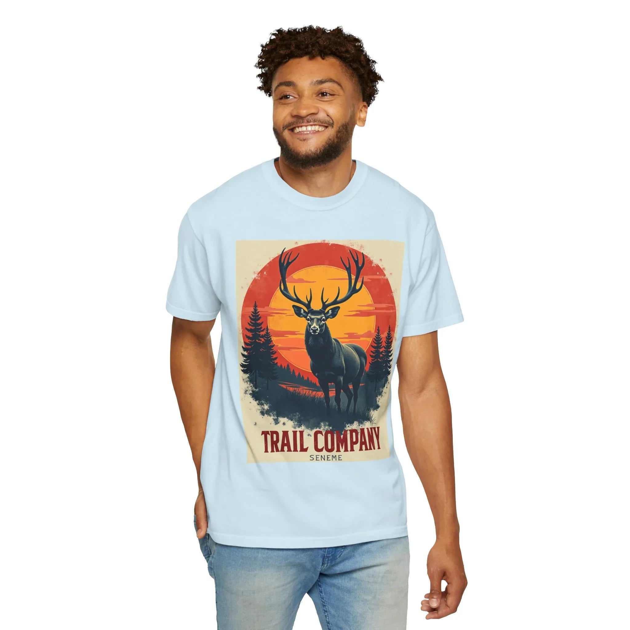 Stag Sunset Trail Company Shirt, Vintage Elk Deer Tee, Retro Sunset Forest T-Shirt, Hiking Camping Cabin Outdoors Gift Chambray