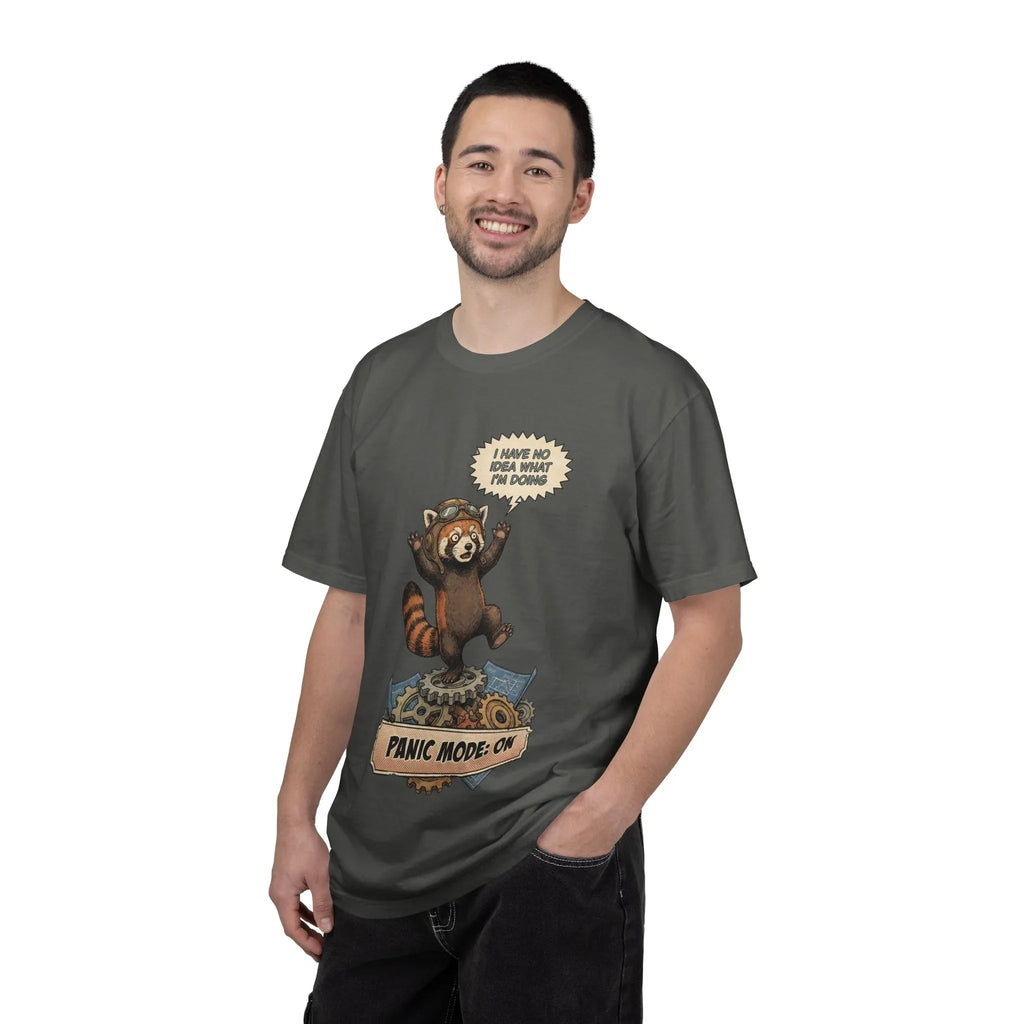 Vintage Red Panda T-Shirt - Funny Engineer Gift - Panicked Pilot Shirt - Imposter Syndrome Meme Tee - Retro Mechanic Animal Graphic - "Panic Mode On" Top