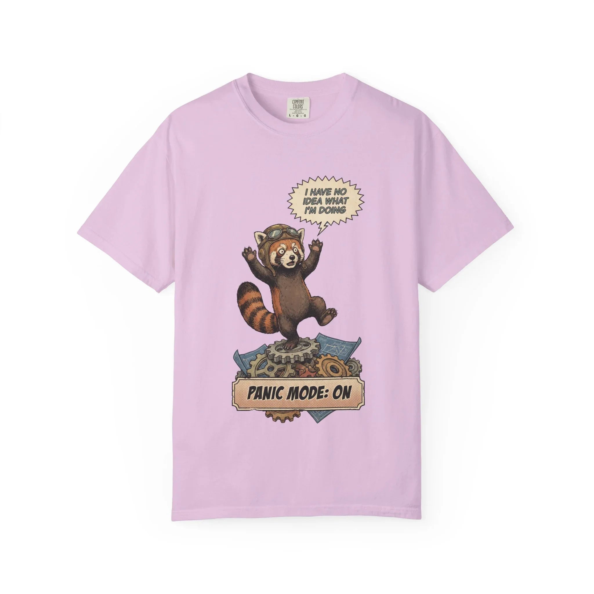 Vintage Red Panda T-Shirt - Funny Engineer Gift - Panicked Pilot Shirt - Imposter Syndrome Meme Tee - Retro Mechanic Animal Graphic - "Panic Mode On" Top Orchid