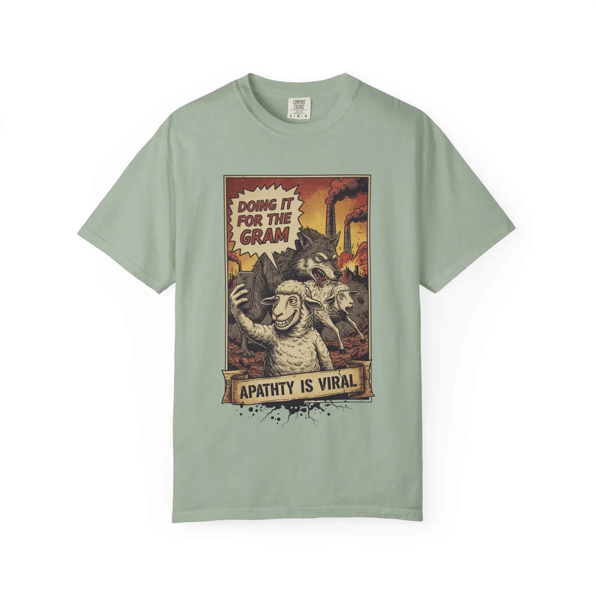 Doing It For The Gram Vintage Shirt - Satirical Wolf and Sheep Graphic Tee - Retro Social Media Irony T-Shirt - 1950s Propaganda Style Dark Humor - Unapologetic Social Critique Apparel Bay