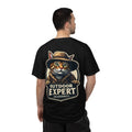 Outdoor Expert Cat T-Shirt, Outdoor Expert (Allegedly) Back Print Tee, Funny Camping Cat in Fedora Badge, Unisex Garment-Dyed Black