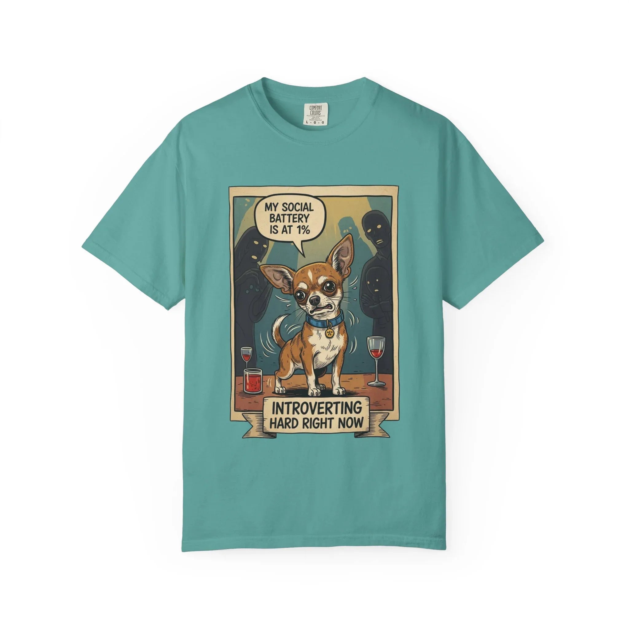 Funny Chihuahua Shirt - "Social Battery 1 Percent" Introvert Tee - Sarcastic Dog Mom Gift - Retro Graphic T-Shirt - Humorous Dog Lover "Introverting Hard" Top Seafoam