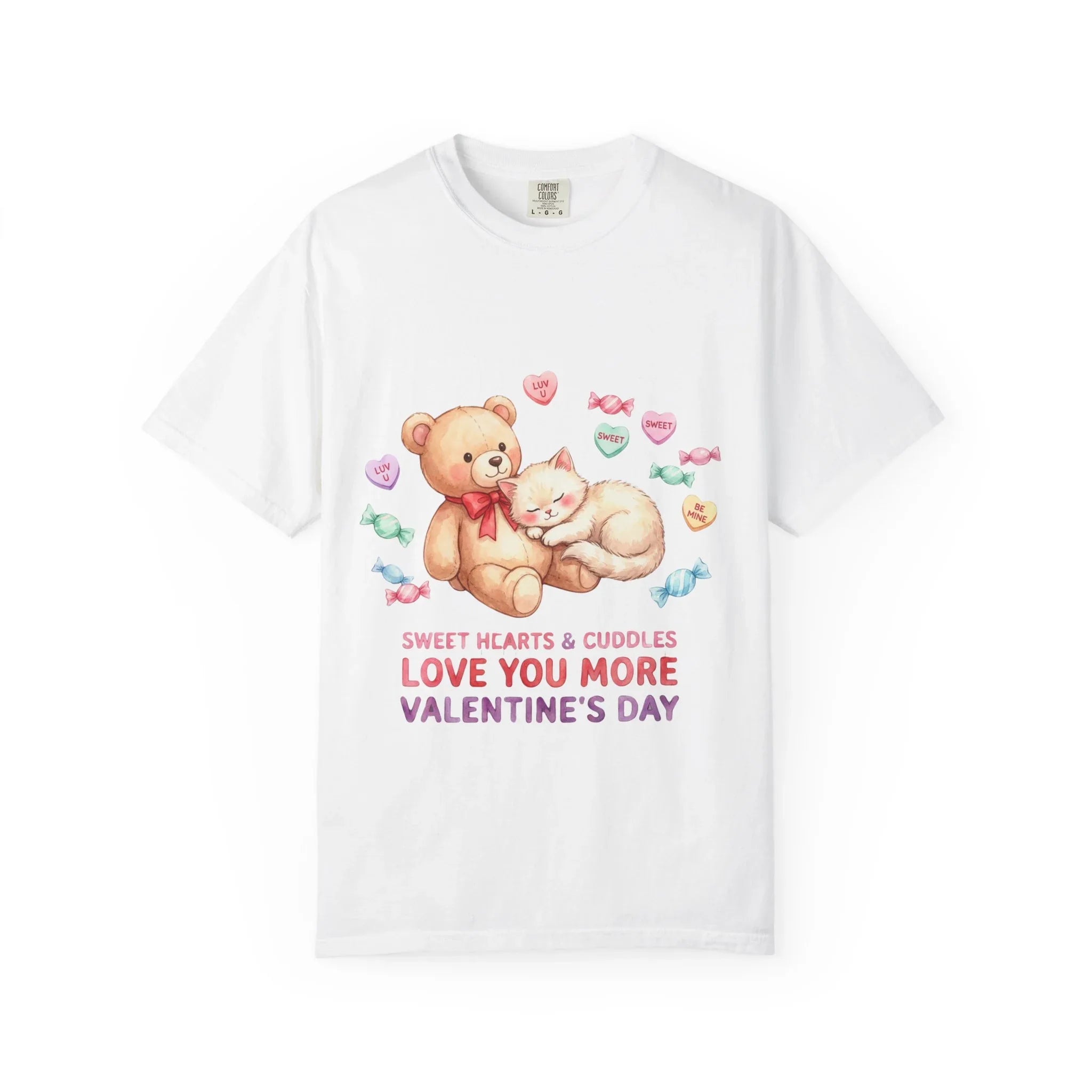 Cute Bear and Kitten Valentine T-shirt | Vintage Soft Love Tee | Couple Gift | Aesthetic Comfort Shirt | Retro Candy Heart Design