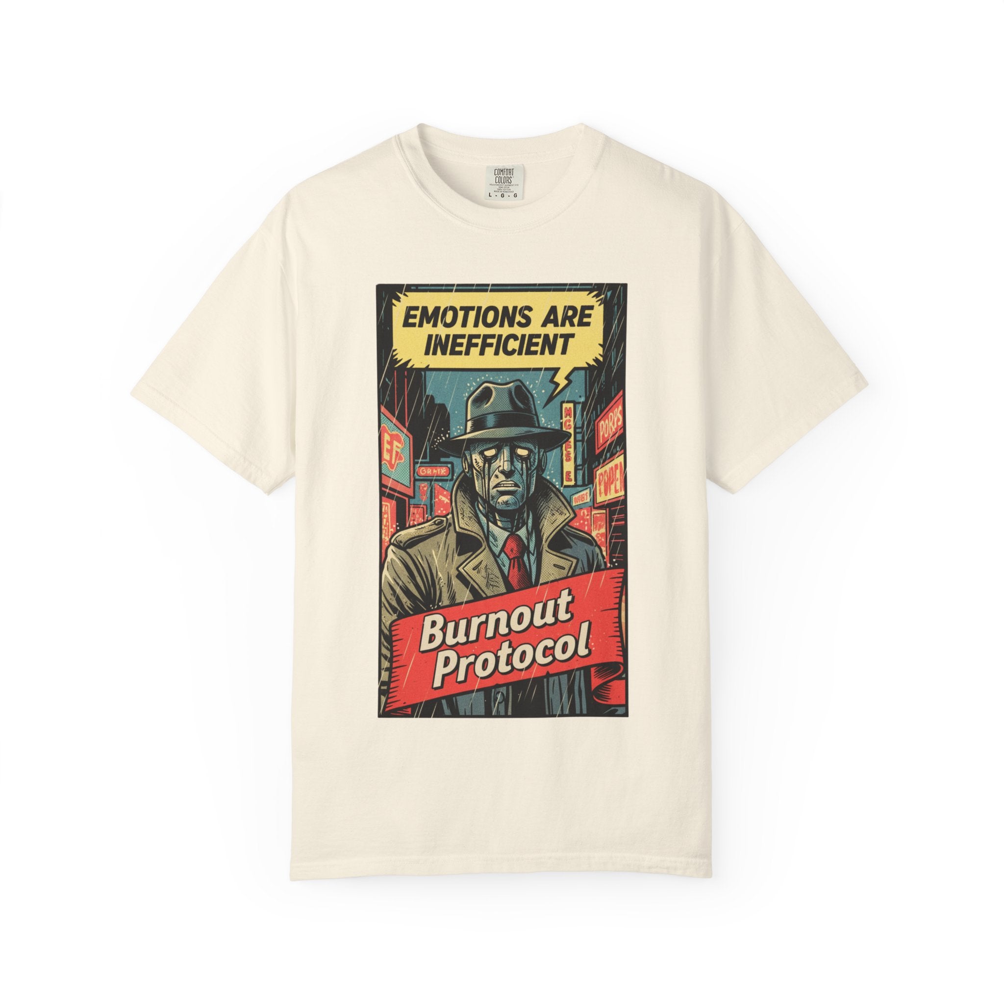 Burnout Protocol Vintage Comic Shirt Retro Robot Detective Graphic Tee Sarcastic Android Art Gift for Tech Workers Software Engineer Noir Ivory
