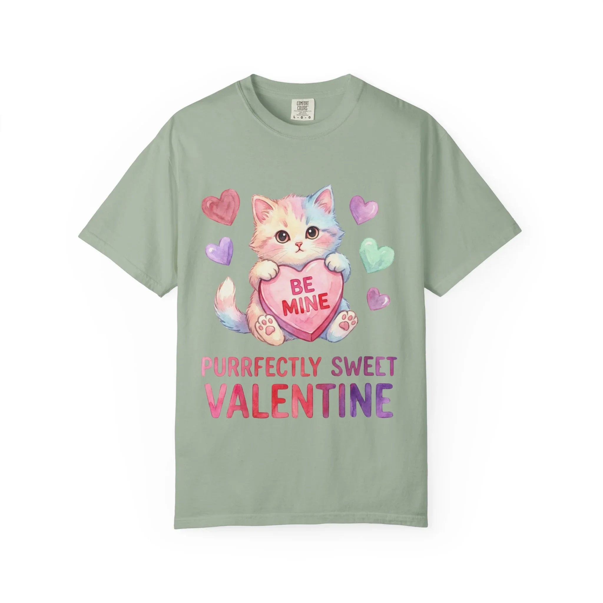 Purrfectly Sweet Valentine Cat T-Shirt | Be Mine Heart Design | Cute Pastel Kitten Tee | Cozy Romantic Gift for Cat Lovers Bay