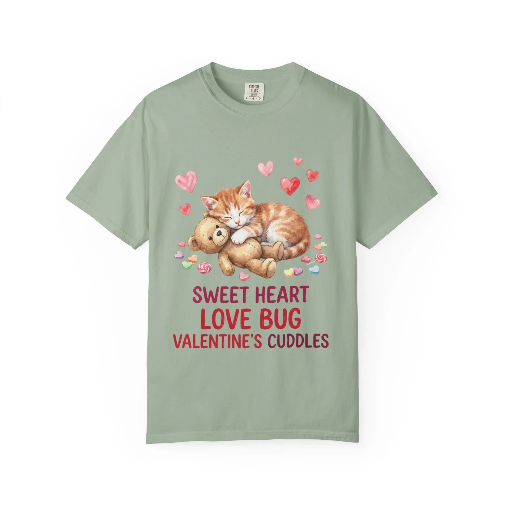 Sleeping Kitten with Teddy Bear Valentine T-Shirt | Sweetheart Love Bug Cuddles | Cozy Vintage Aesthetic | Cute Romantic Gift Bay